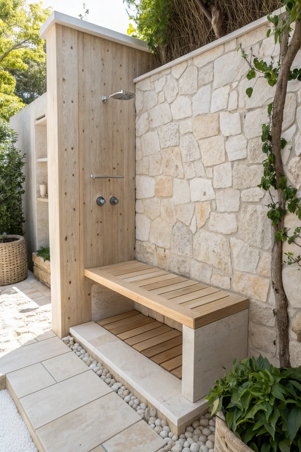 Seamless Serenity: Discover the elegance of a built-in bench for your outdoor shower escape.