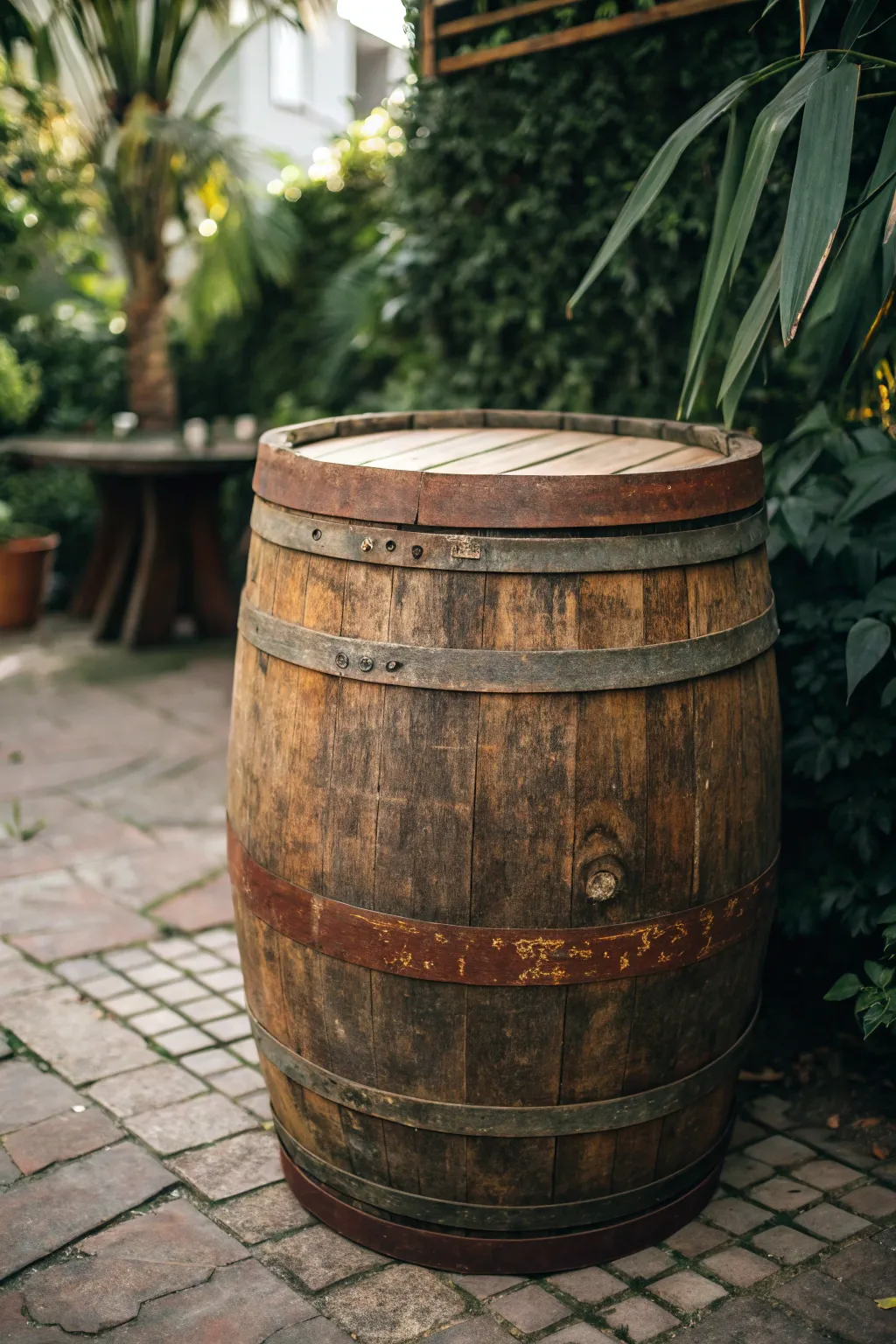 Transform your outdoor space with a vintage barrel table base that tells a story of rustic elegance.