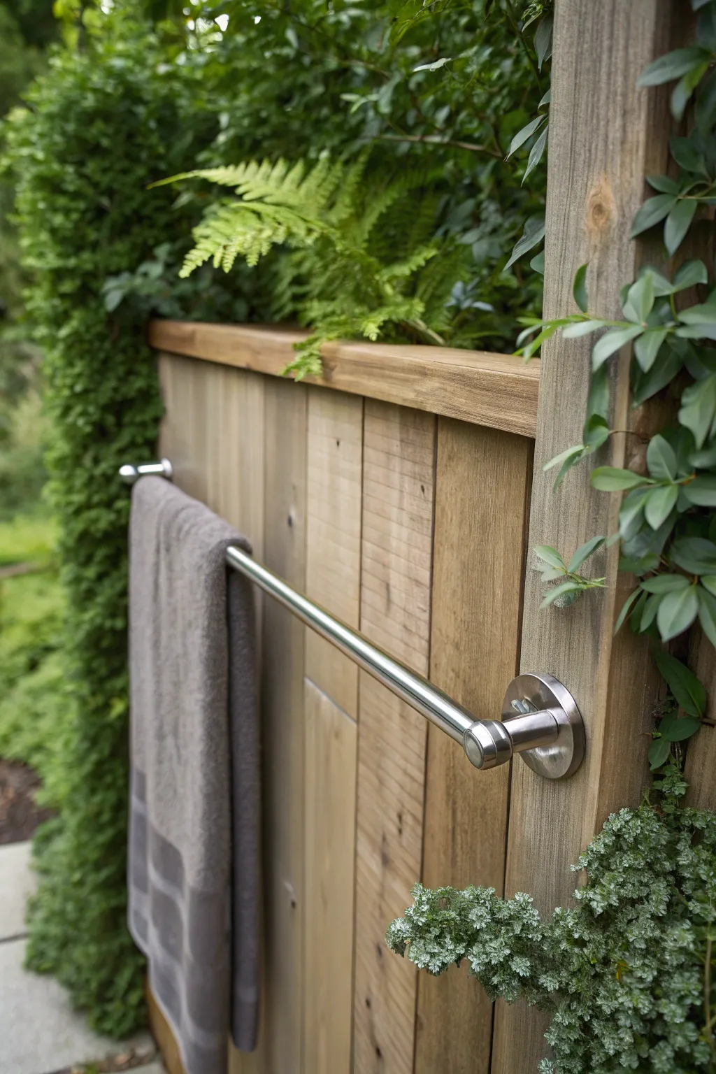 Embrace minimalism with a sleek towel bar that complements nature's beauty.