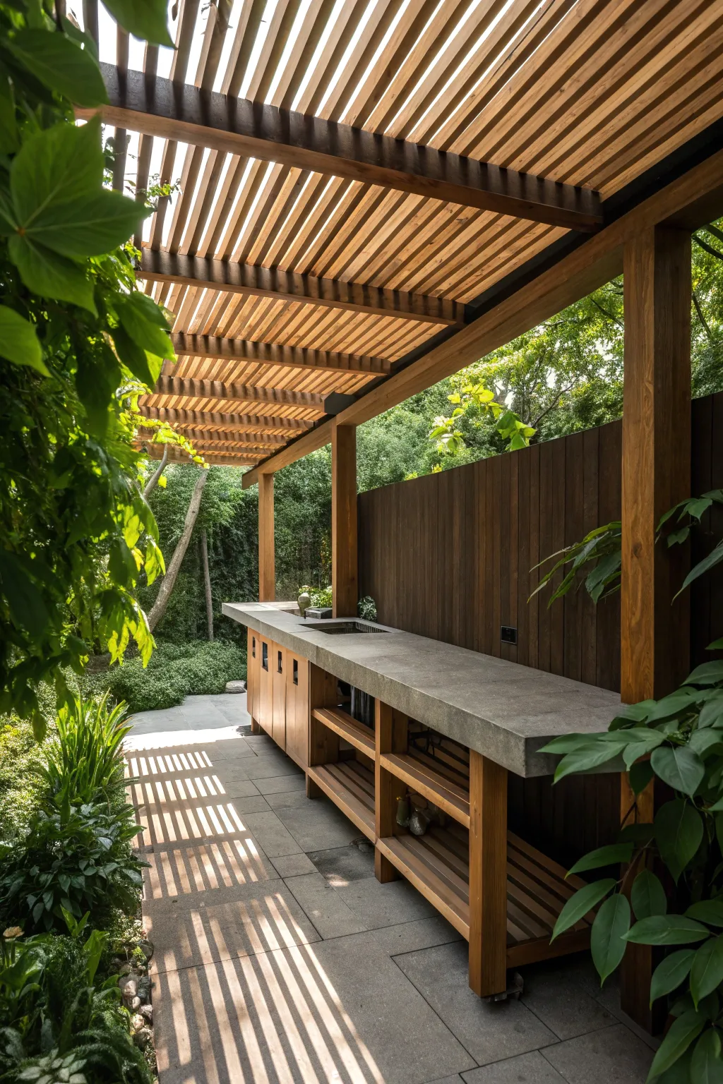 Craft Your Space: Experience the blend of nature and craftsmanship with a wooden slat roof workbench.