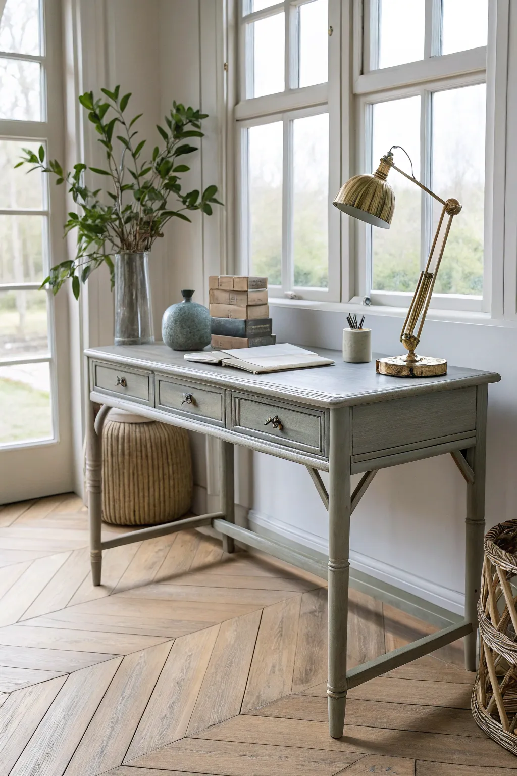 Elevate your workspace with the elegance of a warm grey bamboo desk, where modern minimalism meets natural beauty.
