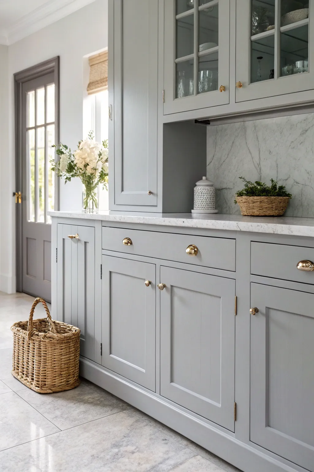 Elevate your kitchen with the modern elegance of soft gray cabinets and marble accents. #SophisticatedGrays #MinimalistBeauty