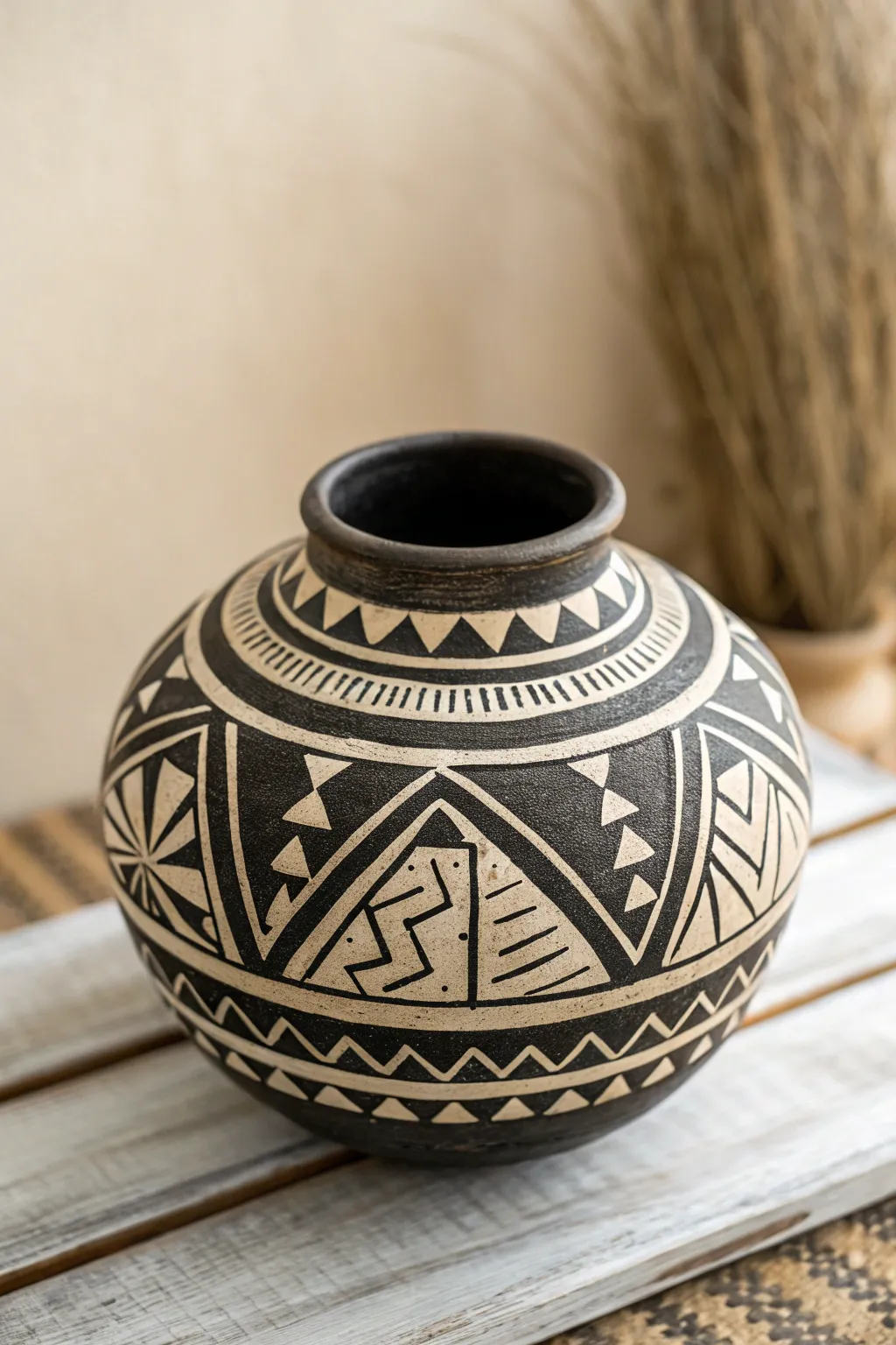 Embrace global artistry with this stunning ceramic pot, adorned with African tribal patterns, a perfect blend of minimalist and boho aesthetics.