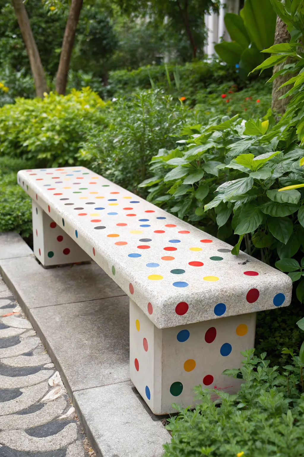 Add a touch of whimsy to your garden with this vibrant, polka-dotted concrete bench.