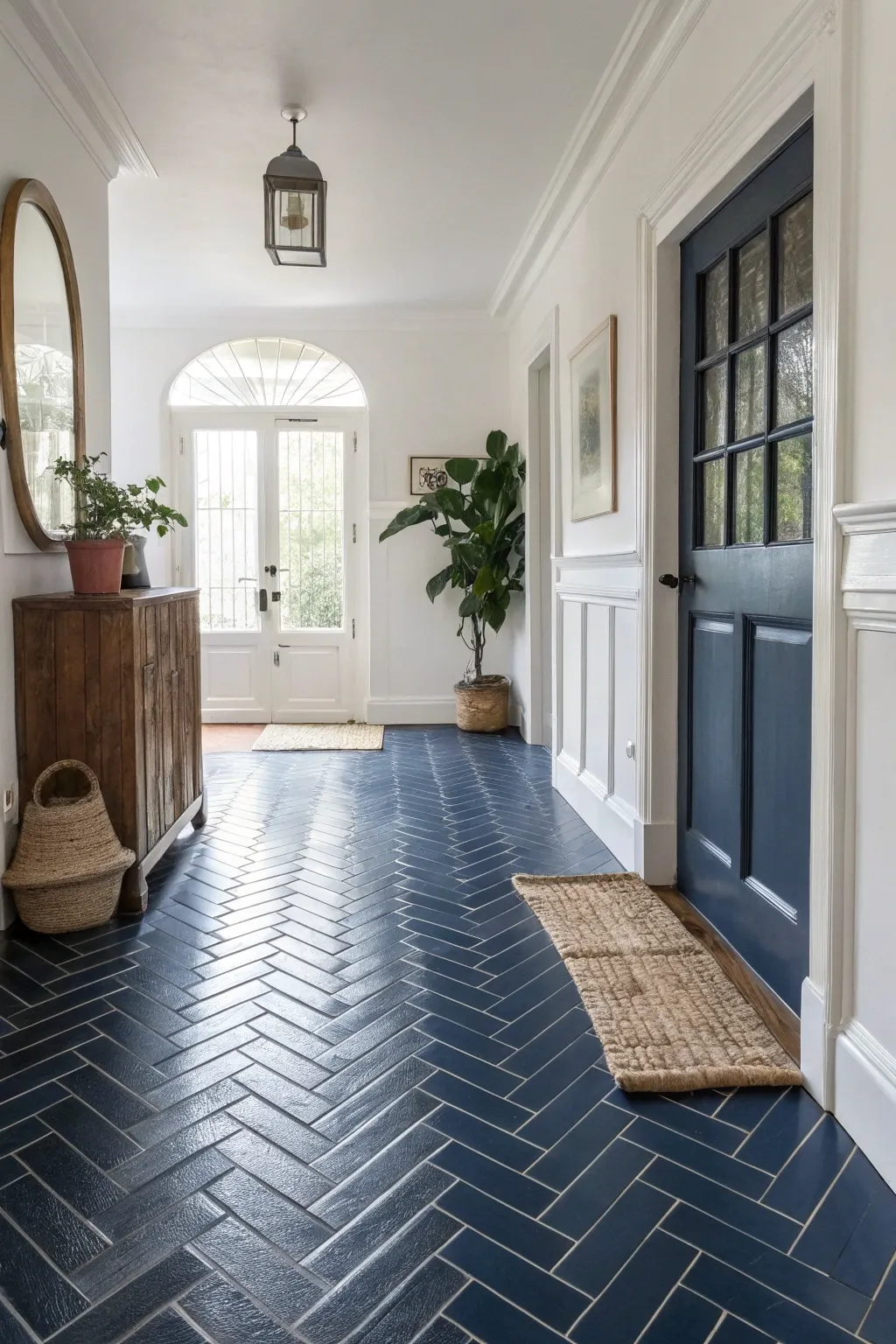 Transform your entryway with a chic painted herringbone floor—where classic design meets modern elegance.