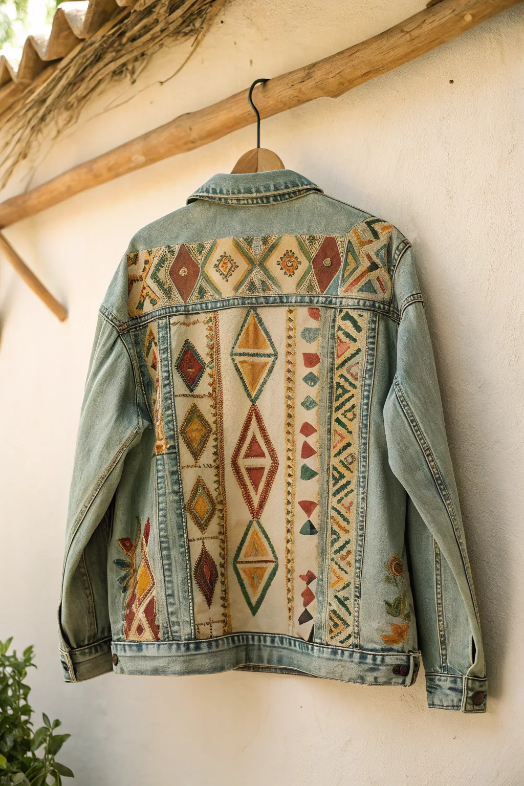 Embrace the Bohemian Vibes with Hand-Painted Tribal Patterns on Denim.