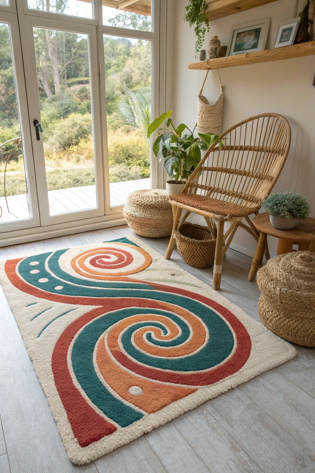 Add a touch of whimsy to your space with a bold spiral-patterned rug that steals the show.