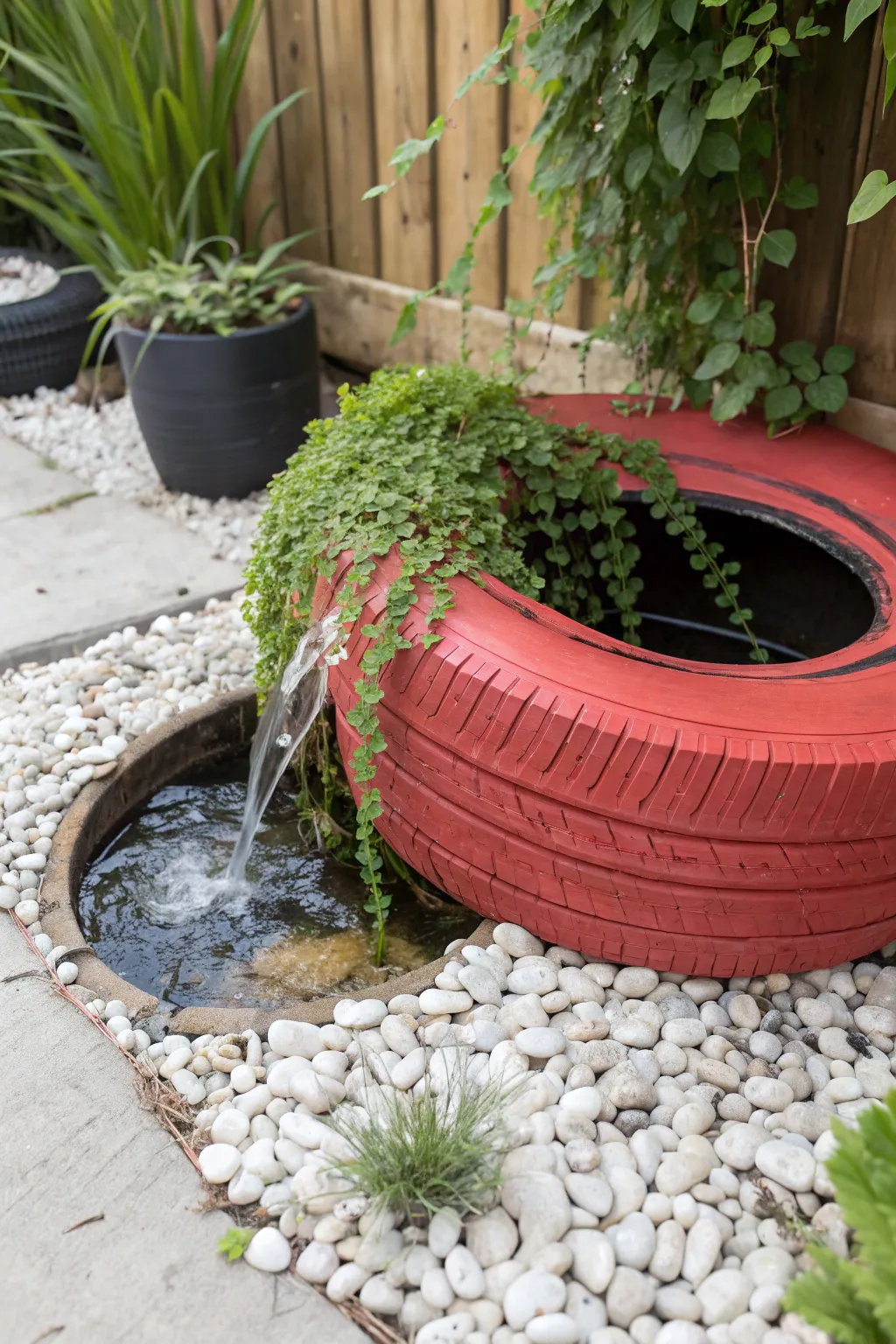 Transform your garden with this stunning tire water feature—where vibrant colors meet natural serenity.