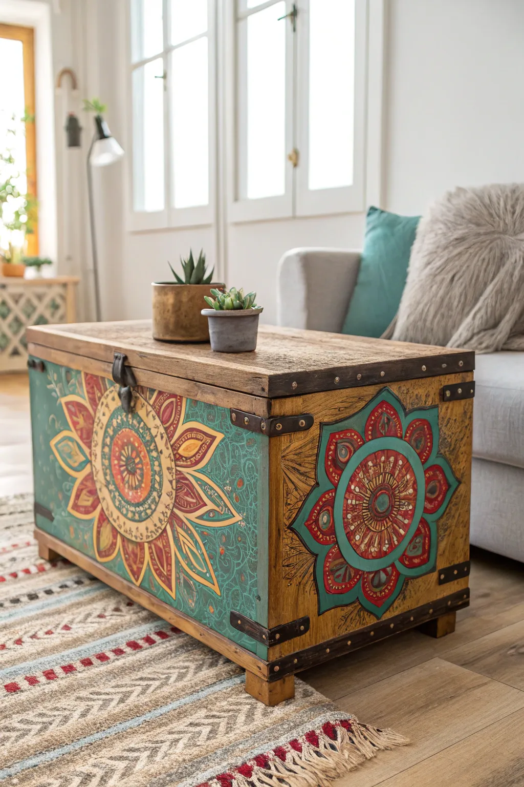 Transform your space with a bohemian touch—painted mandala trunk for a pop of vibrant personality.