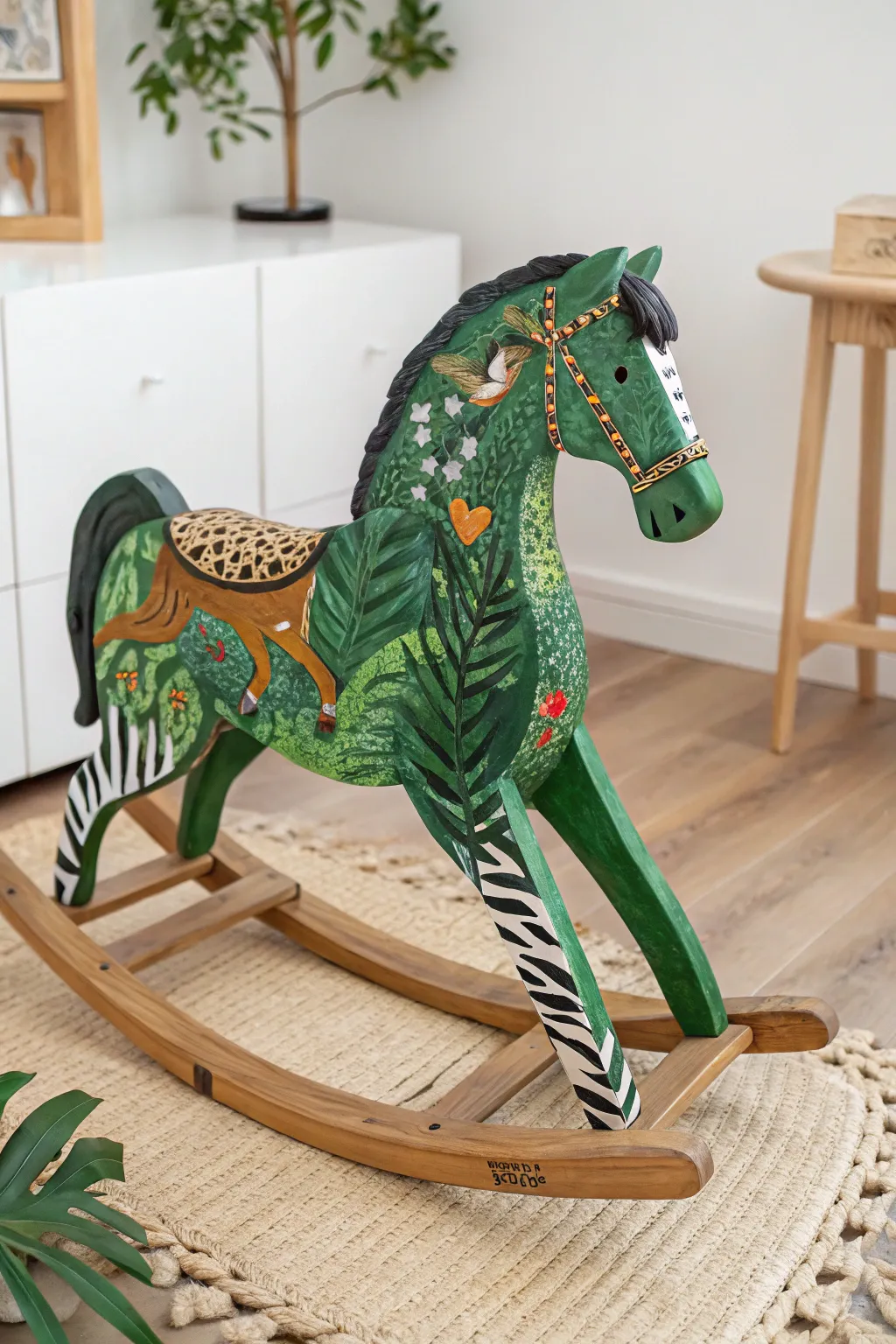 Ride into the wild with this jungle-themed rocking horse, perfect for an adventurous spirit!