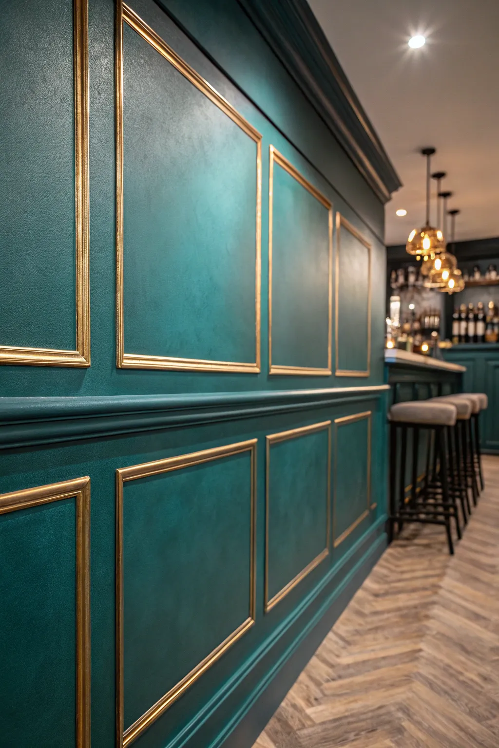 Transform your basement into a chic retreat with teal and metallic accents, perfect for a stylish escape.