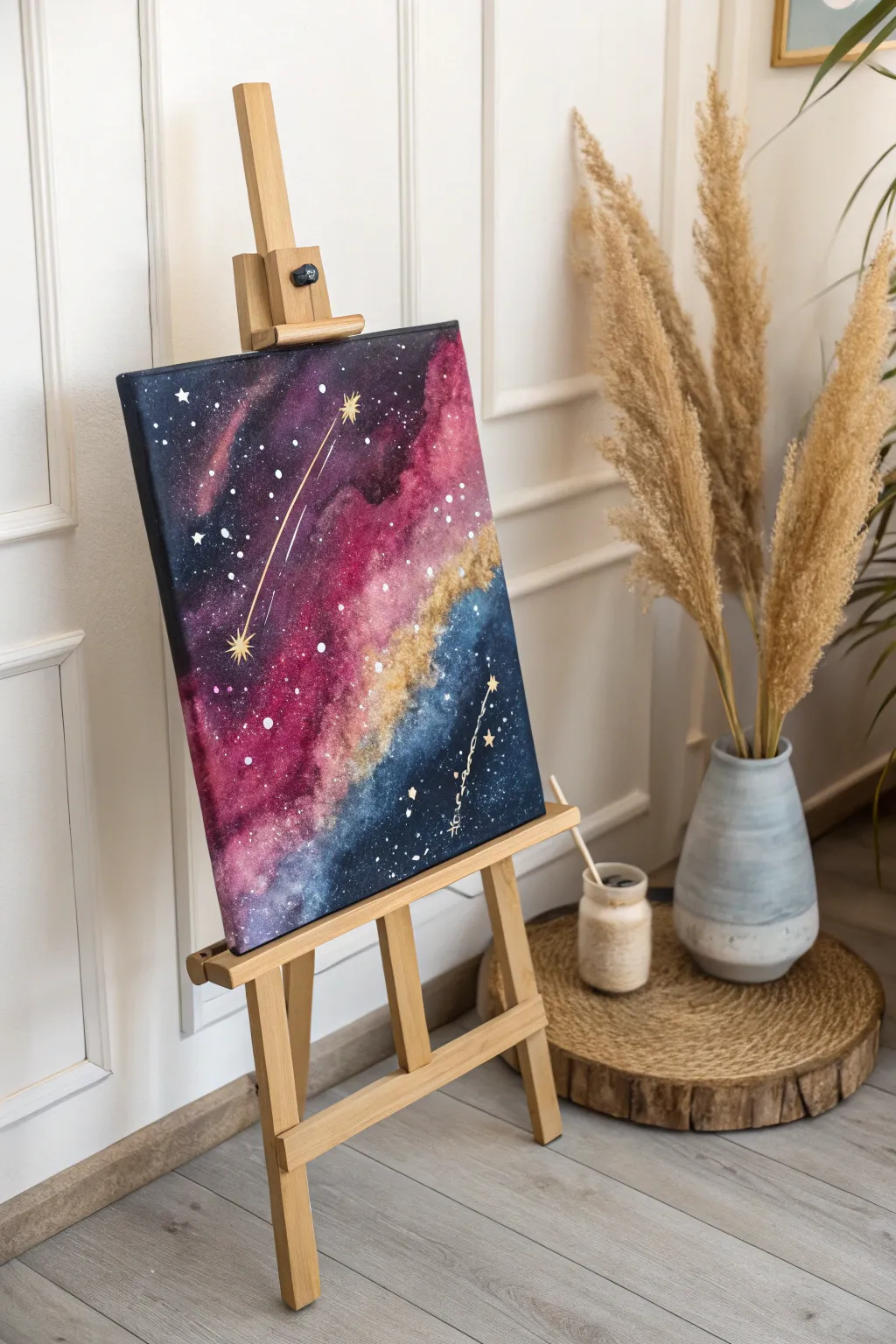 Explore the universe from your home with this stunning galaxy painting. Let your creativity soar beyond the stars!