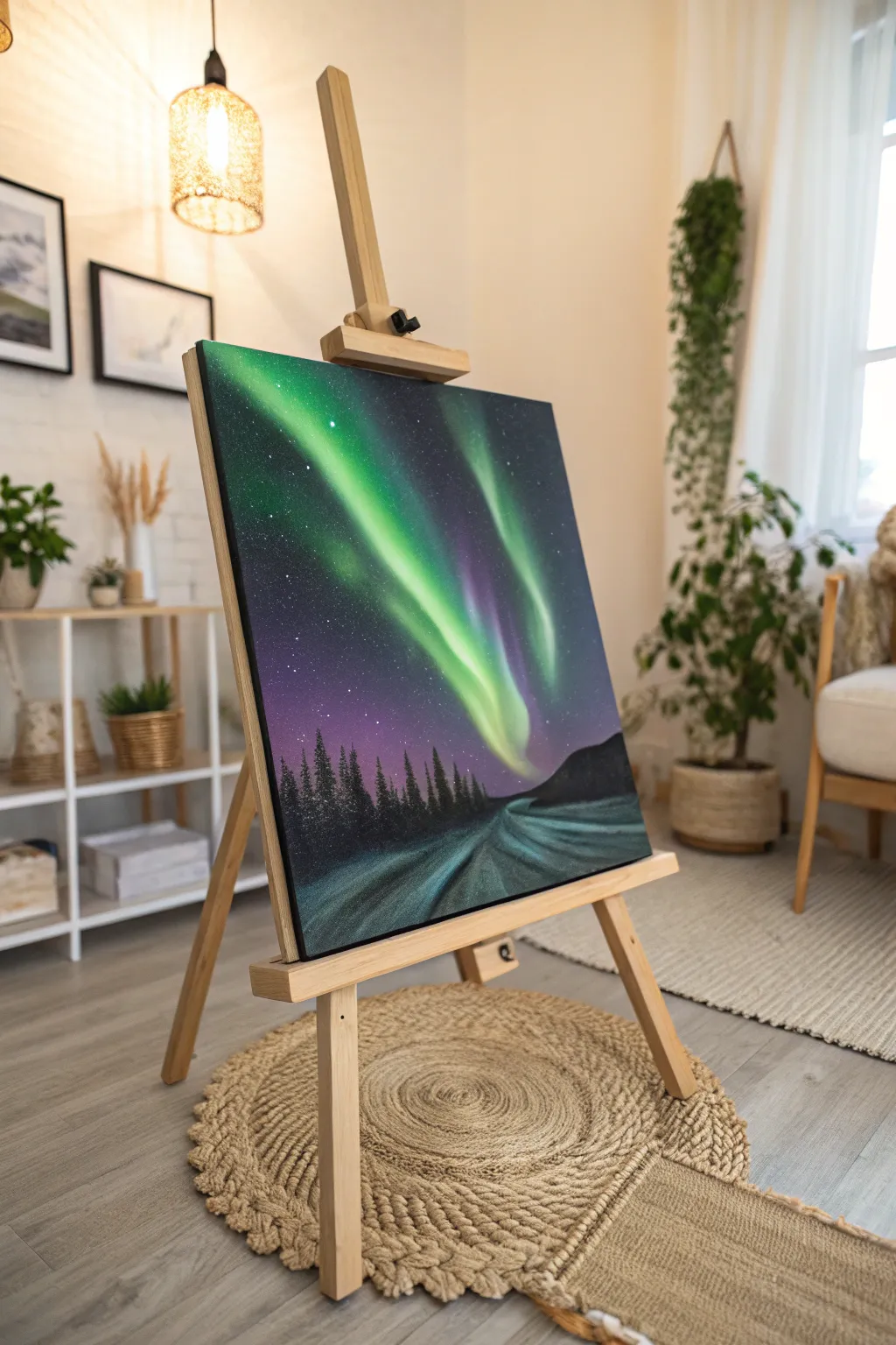Illuminate your space with the enchanting beauty of the Northern Lights, captured in minimalist elegance.