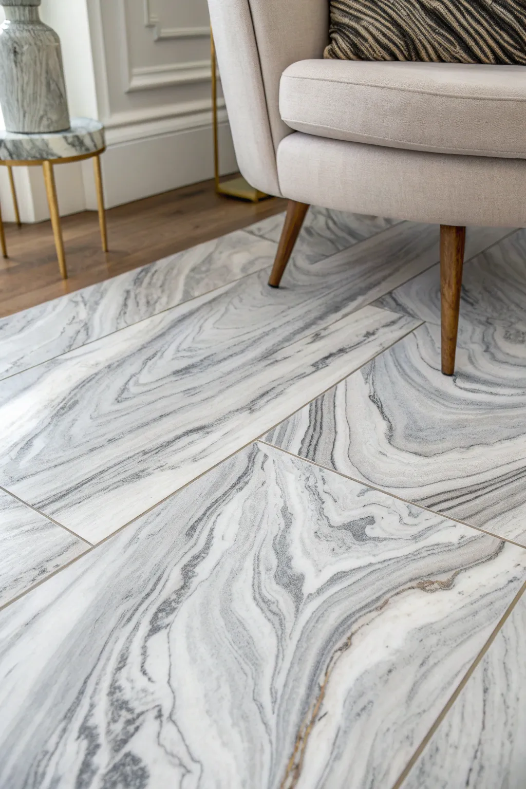 Elevate your space with the timeless elegance of a marble-effect wood floor. #ScandiBoho #HomeElegance