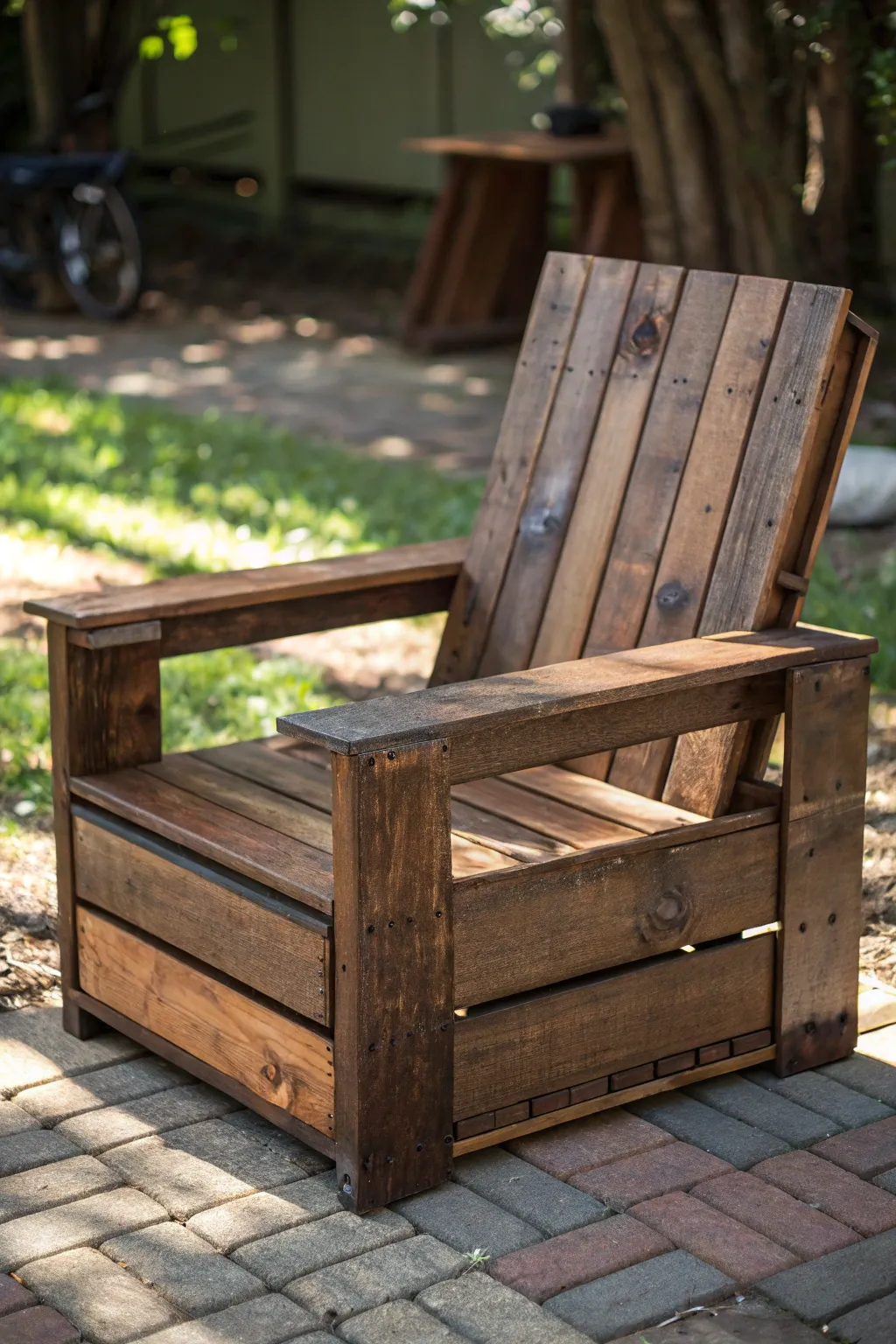 Elevate your outdoor space with this expertly crafted pallet chair, combining style and storage in one elegant design.