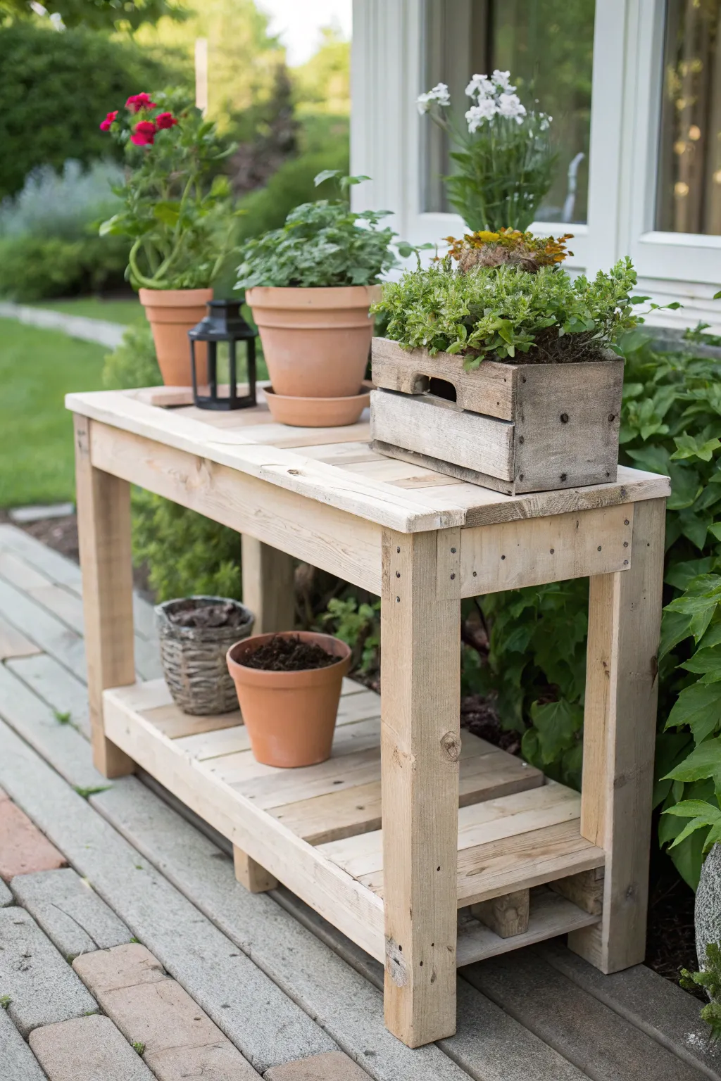 Elevate your gardening space with a chic pallet potting table, where simplicity meets natural beauty.
