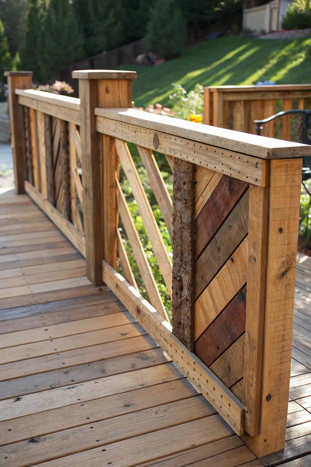 Elevate your outdoor space with the artistry of asymmetrical pallet railing.