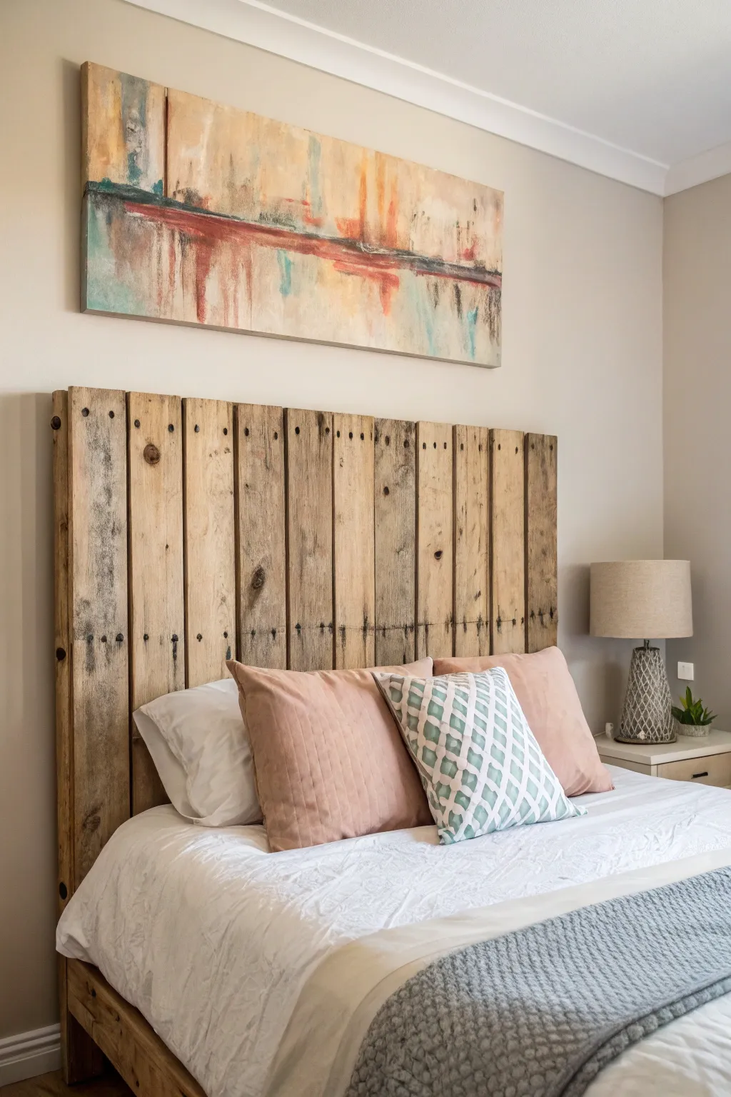 Rustic meets modern: Transform your bedroom with this stunning pallet headboard and art combo!