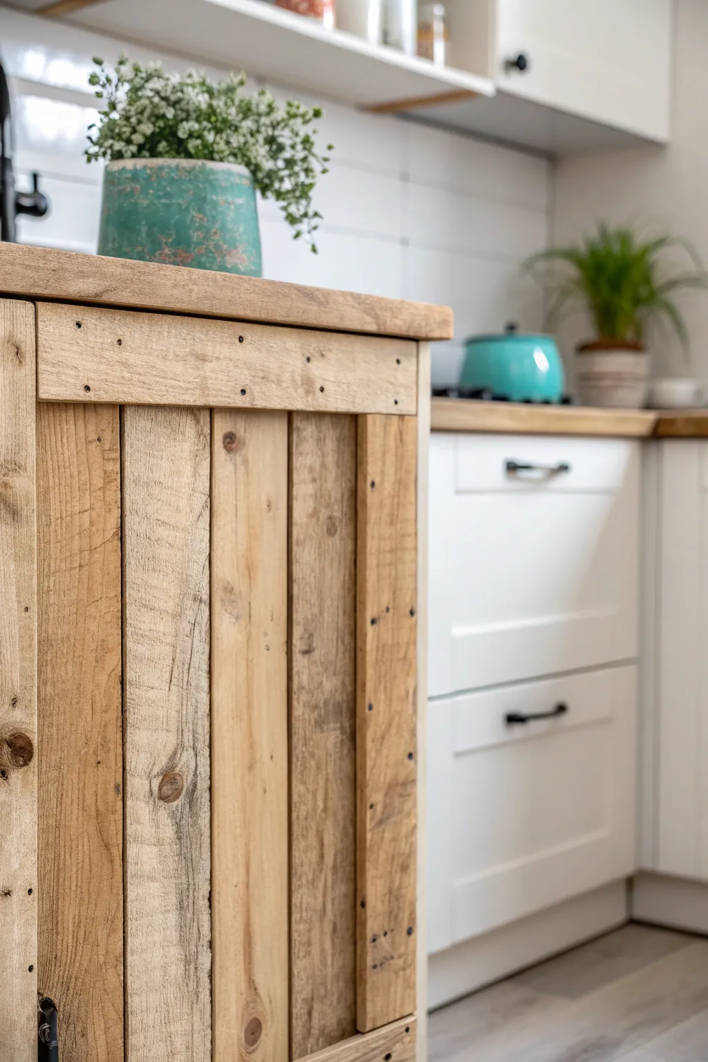 Transform your kitchen with the rustic charm of pallet cabinet doors. A perfect blend of Scandinavian minimalism and boho flair!