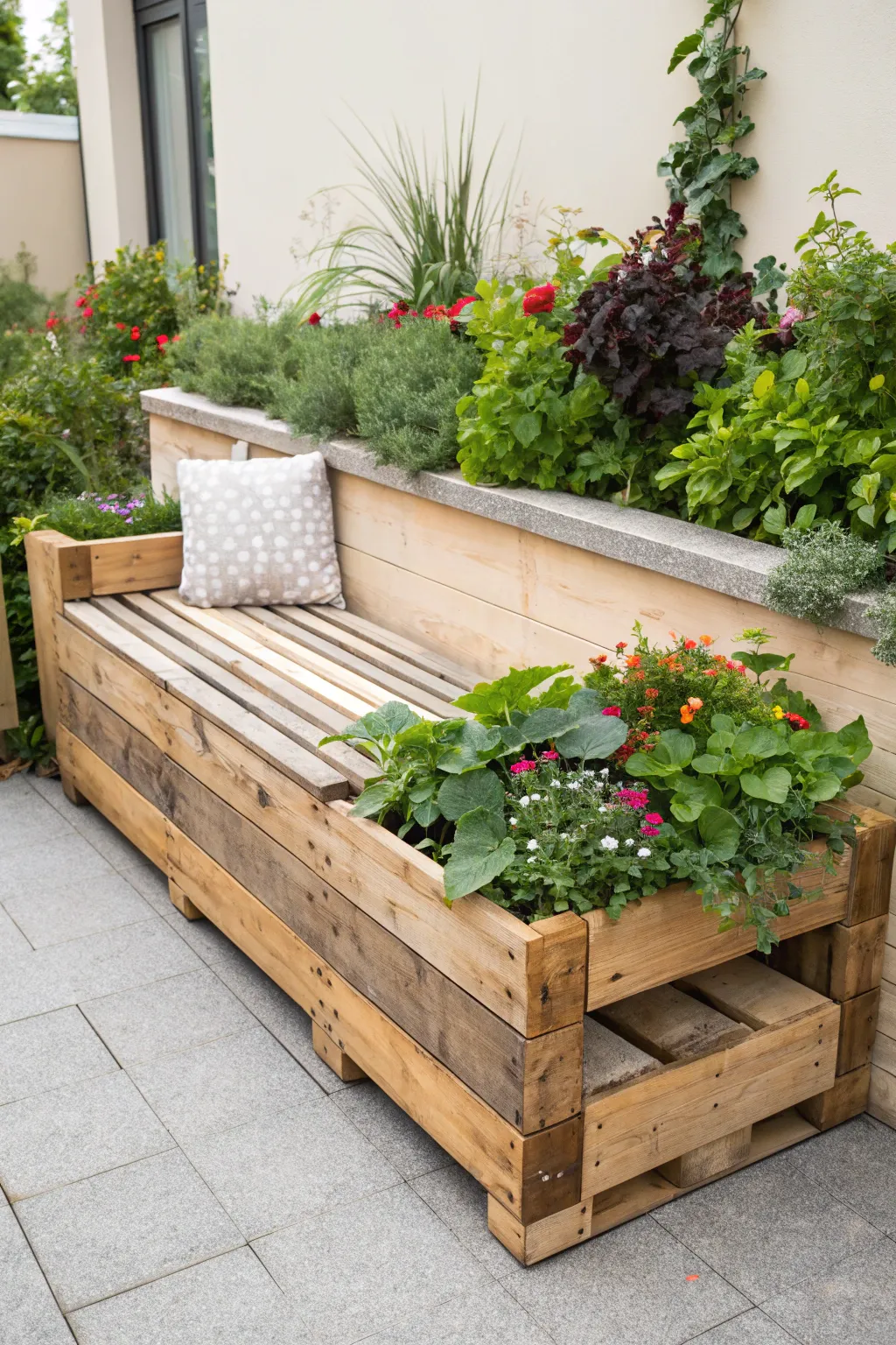 Transform your garden into a sanctuary with this elegant pallet raised bed featuring an inviting bench—where simplicity meets vibrant charm.