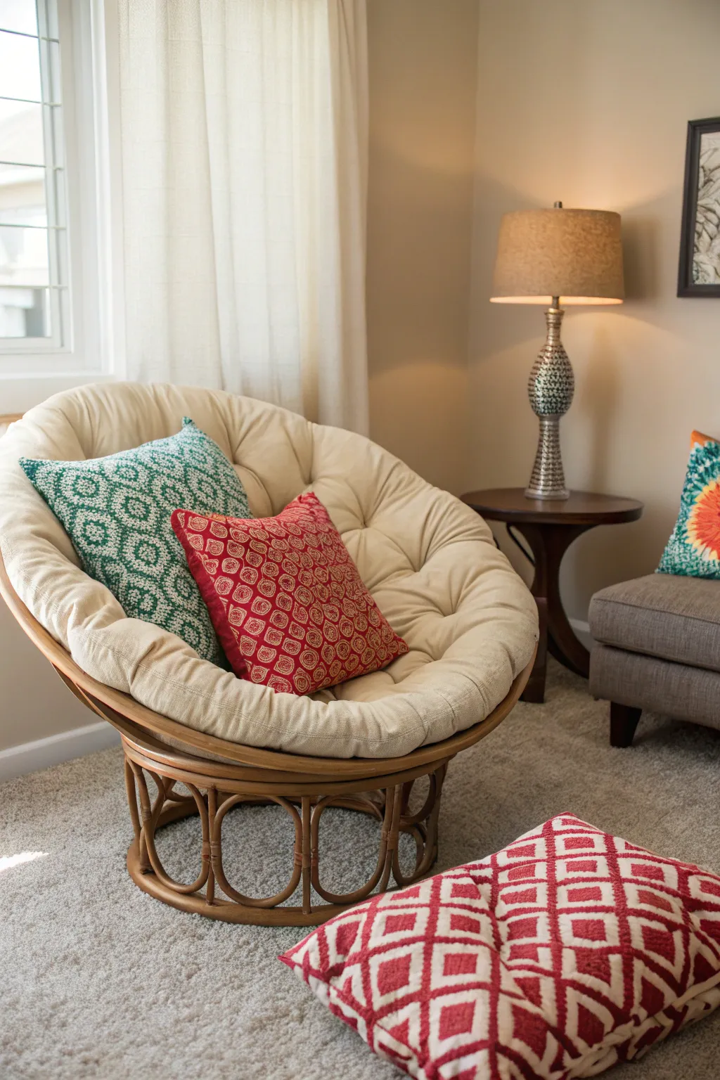 Accent pillows add a splash of personality to a papasan chair.