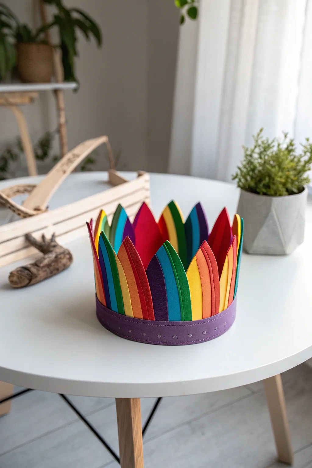 Embrace the joy of color with this stunning rainbow paper crown, where simplicity meets vibrant elegance.