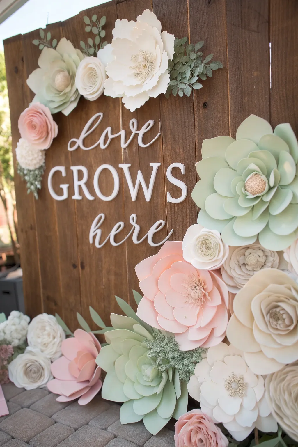 Create a heartfelt backdrop with handcrafted paper flowers and inspiring words, perfect for celebrating love in style.