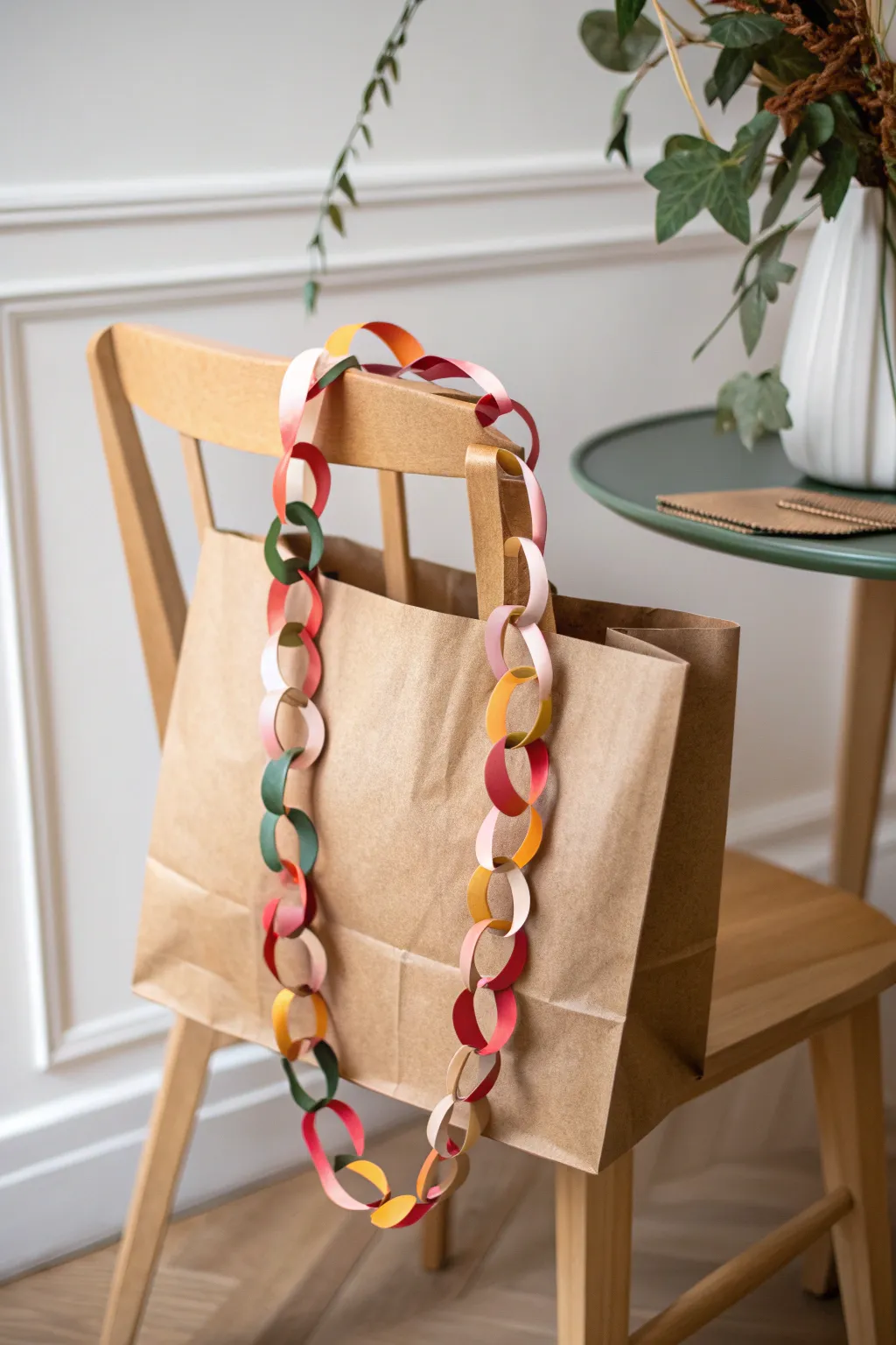 Transform rustic charm into art with whimsical paper chains from grocery bags, perfect for adding a touch of elegance to any decor.