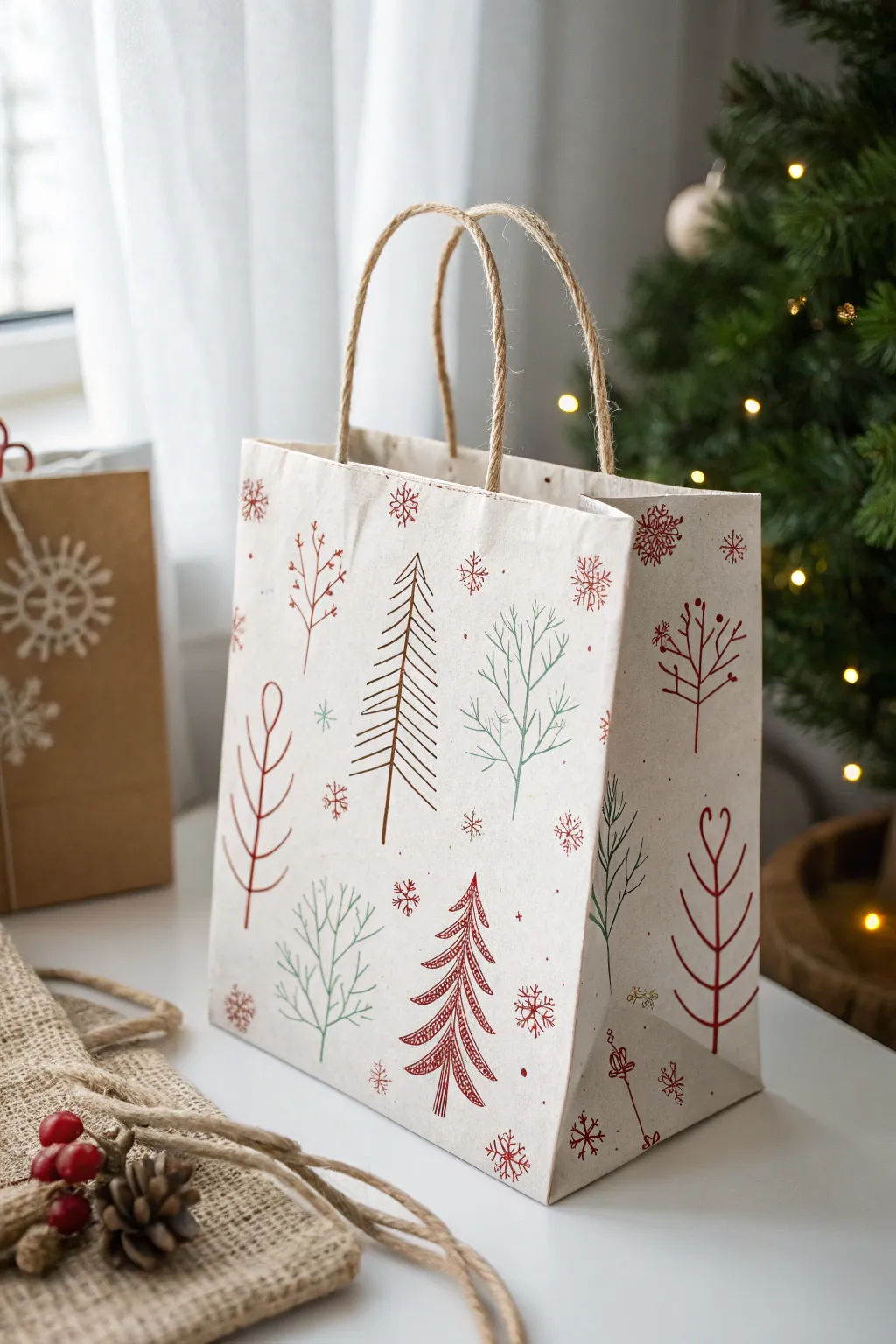 Embrace the festive spirit with this charming paper bag, perfect for holiday gatherings and filled with seasonal delights.
