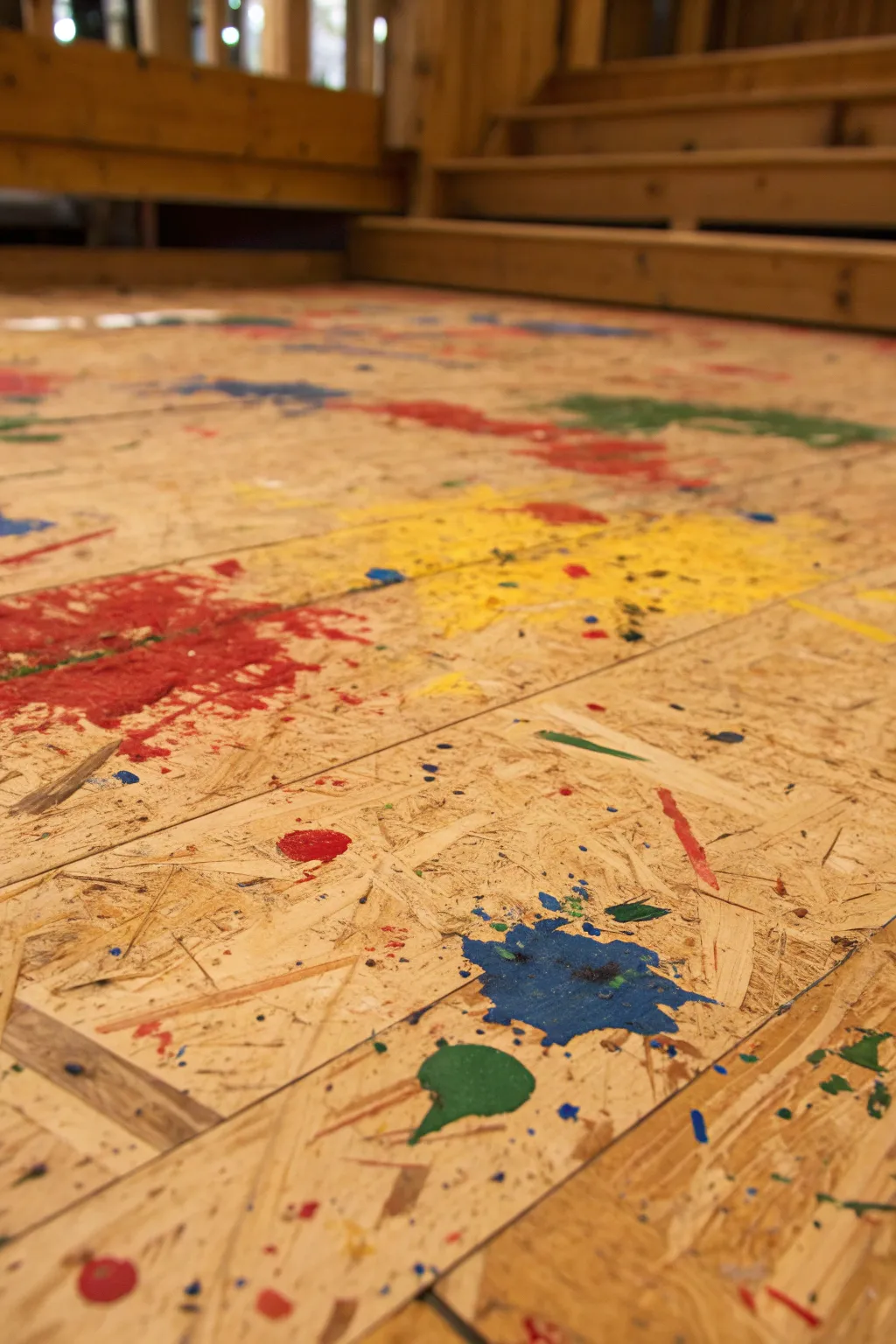 Unleash your creativity with a splash of color: transform particle board flooring into an abstract work of art.