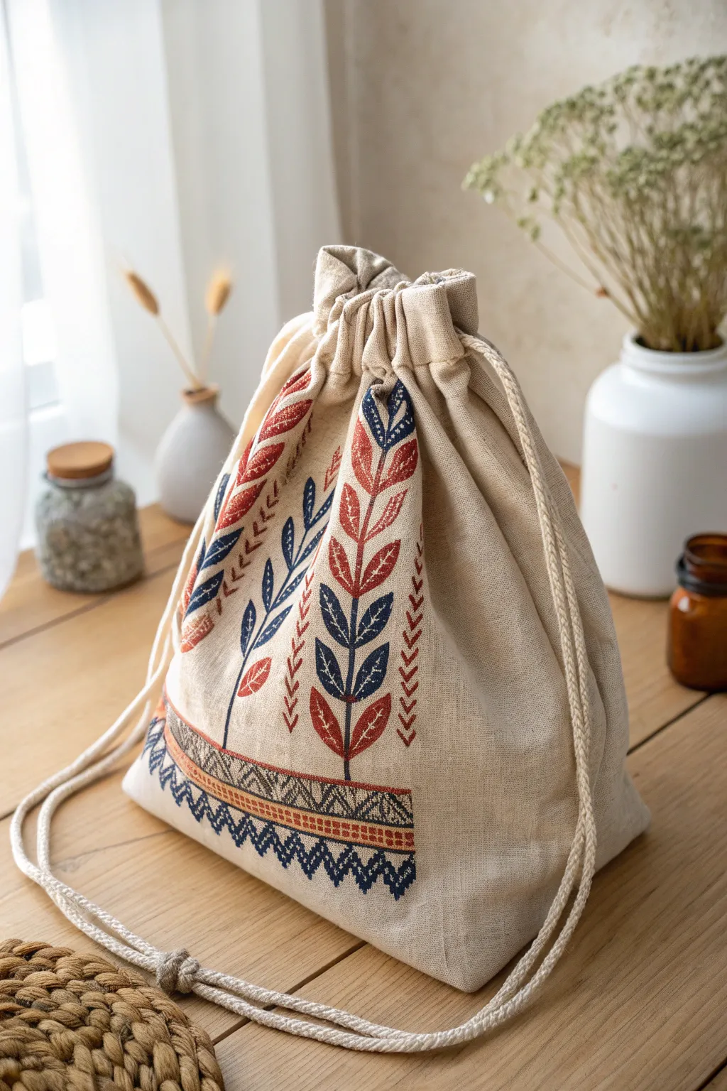 Charming and versatile: This handcrafted fabric drawstring bag is the perfect party favor with a touch of Scandinavian-Boho elegance.