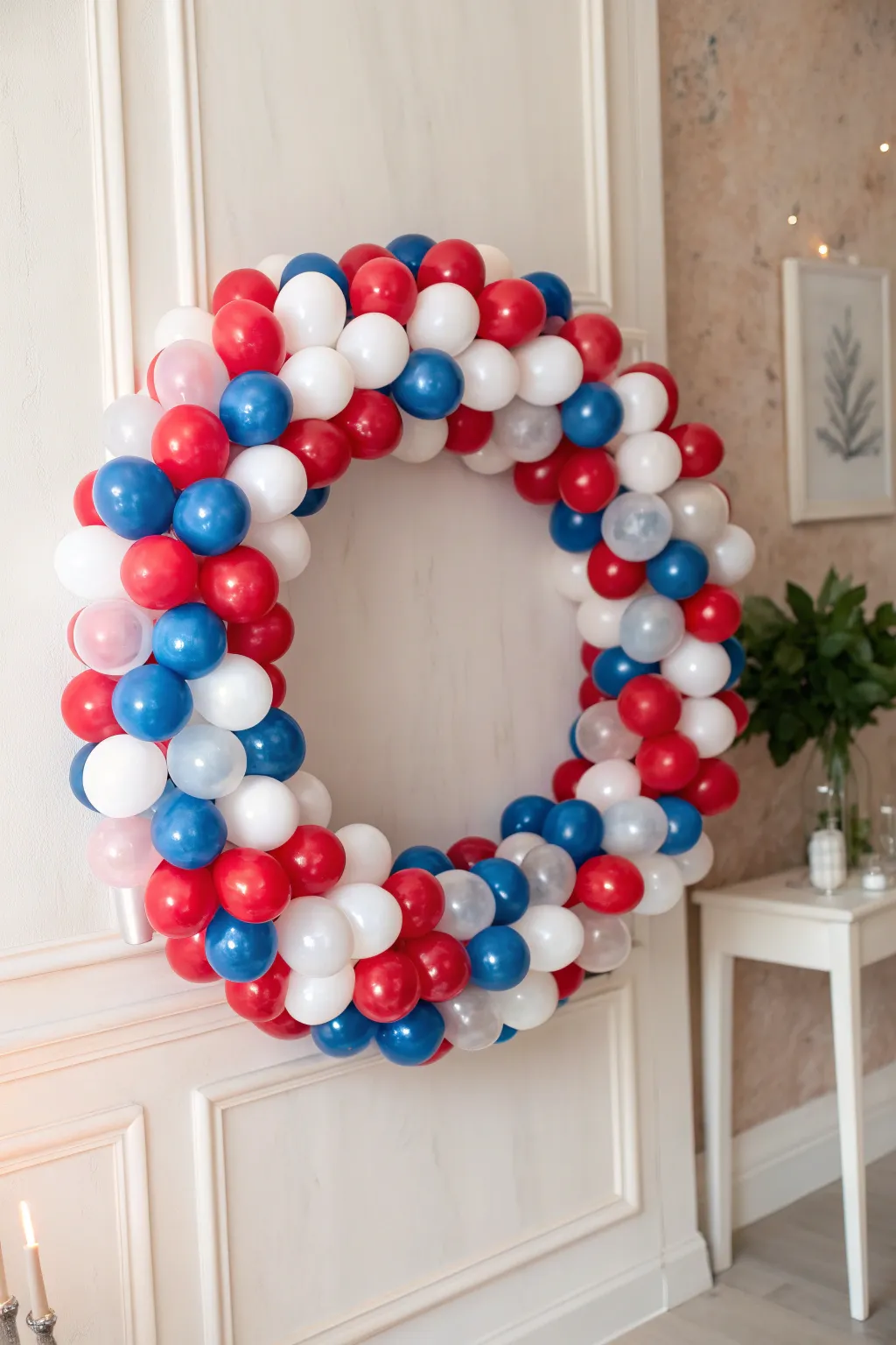 Celebrate in style with a vibrant balloon wreath that adds a playful twist to your patriotic decor!