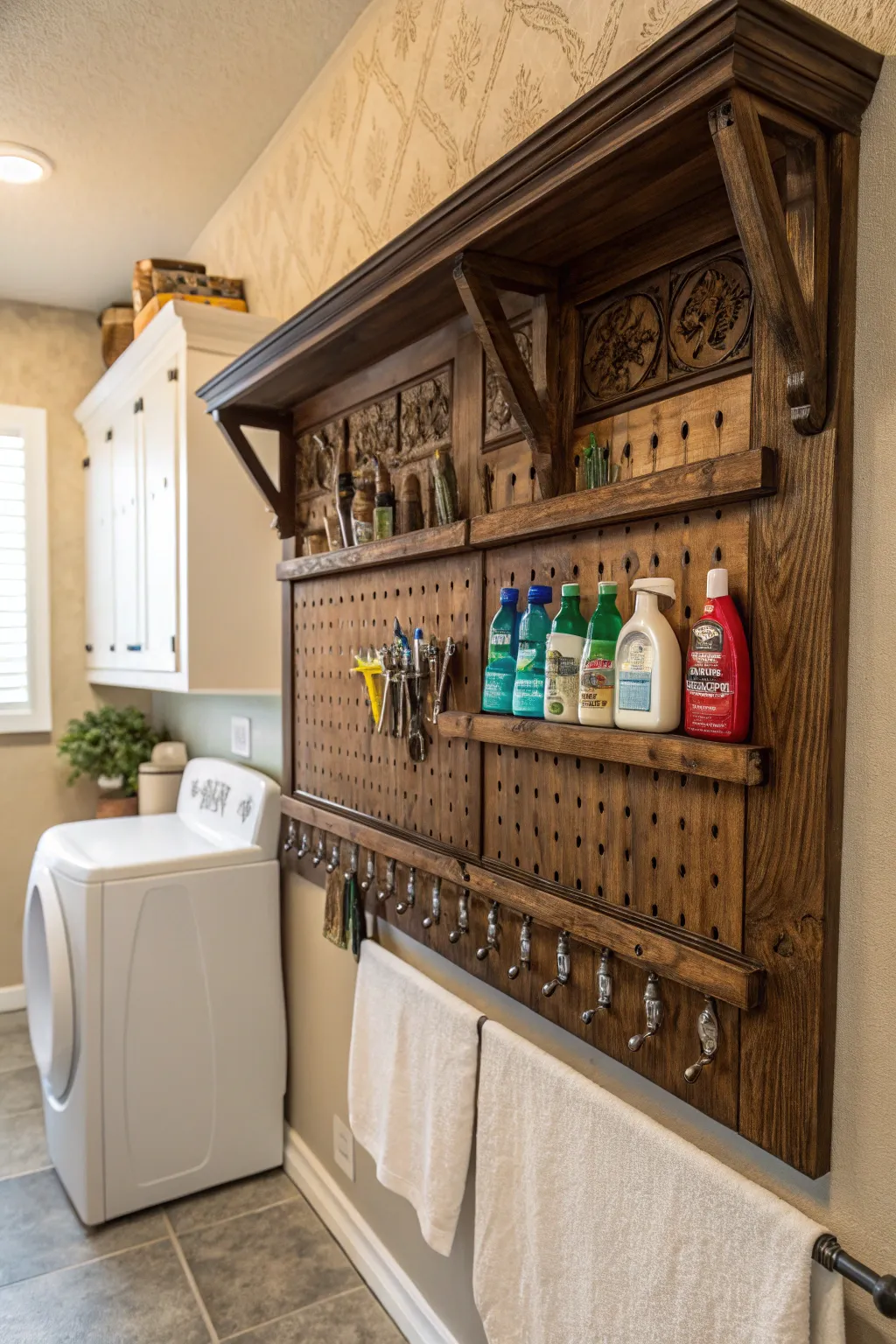 Elevate your laundry room with a handcrafted pegboard that keeps essentials within reach, making chores a breeze.