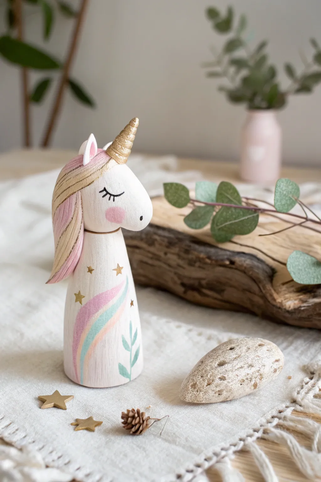 Capture the magic of mythical creatures with this enchanting unicorn peg doll, where Scandinavian simplicity meets boho charm.