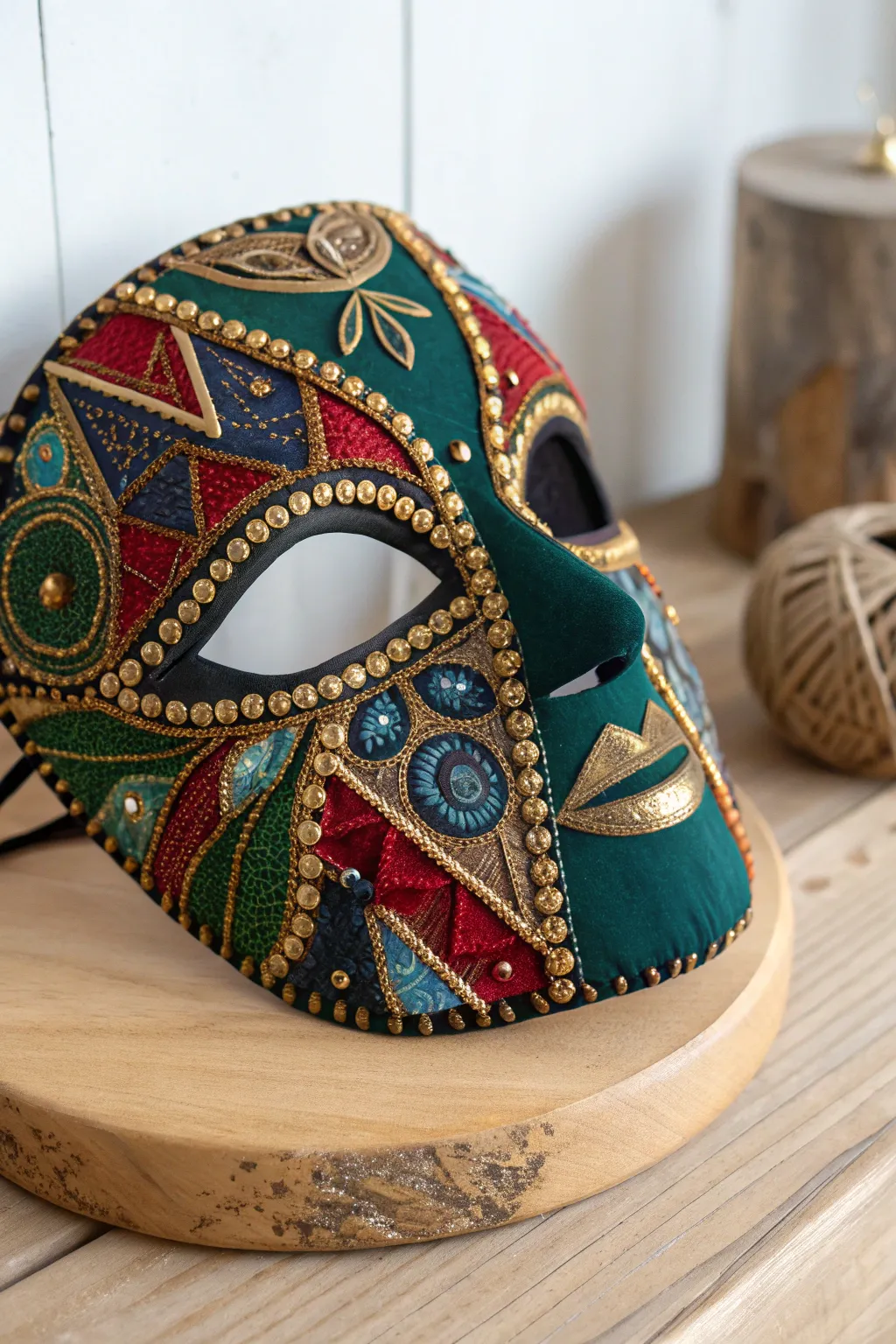 Discover the art of upcycled elegance with this exquisite mask, where sustainability meets creativity in a bold, colorful masterpiece.