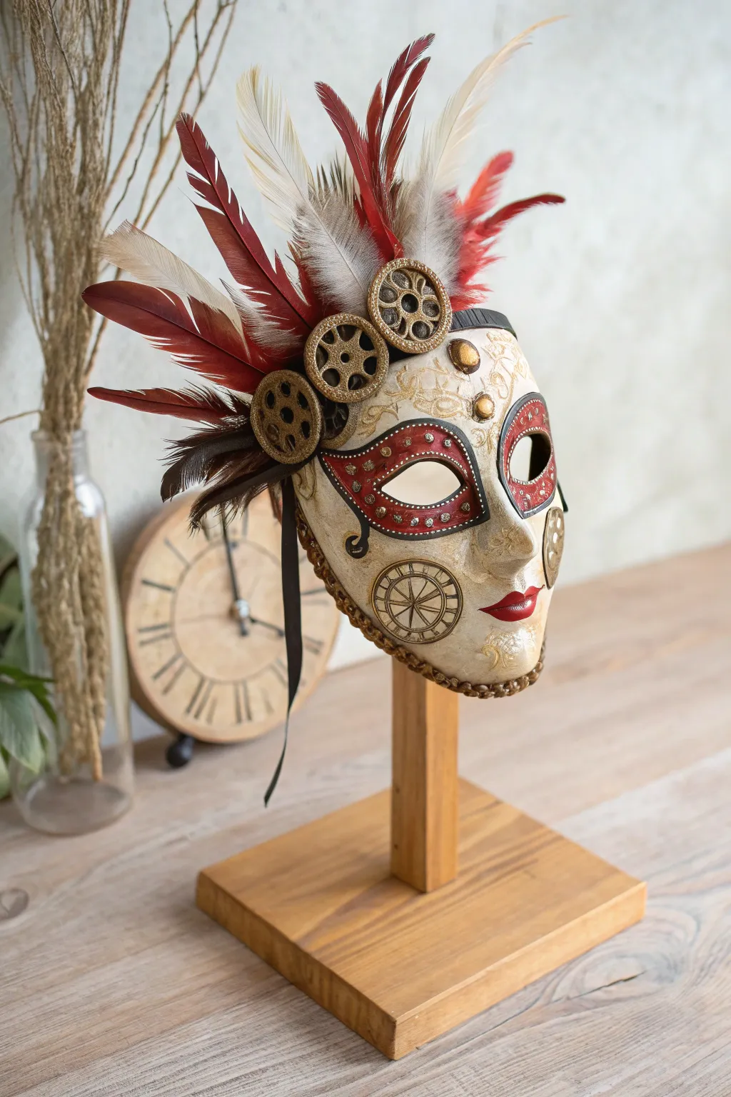 Unveil the mystery: A surreal mask blending time and dreams.