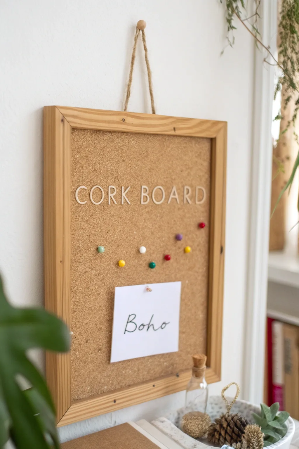 Elevate your workspace with a chic framed cork board that blends Scandinavian elegance with Boho flair.