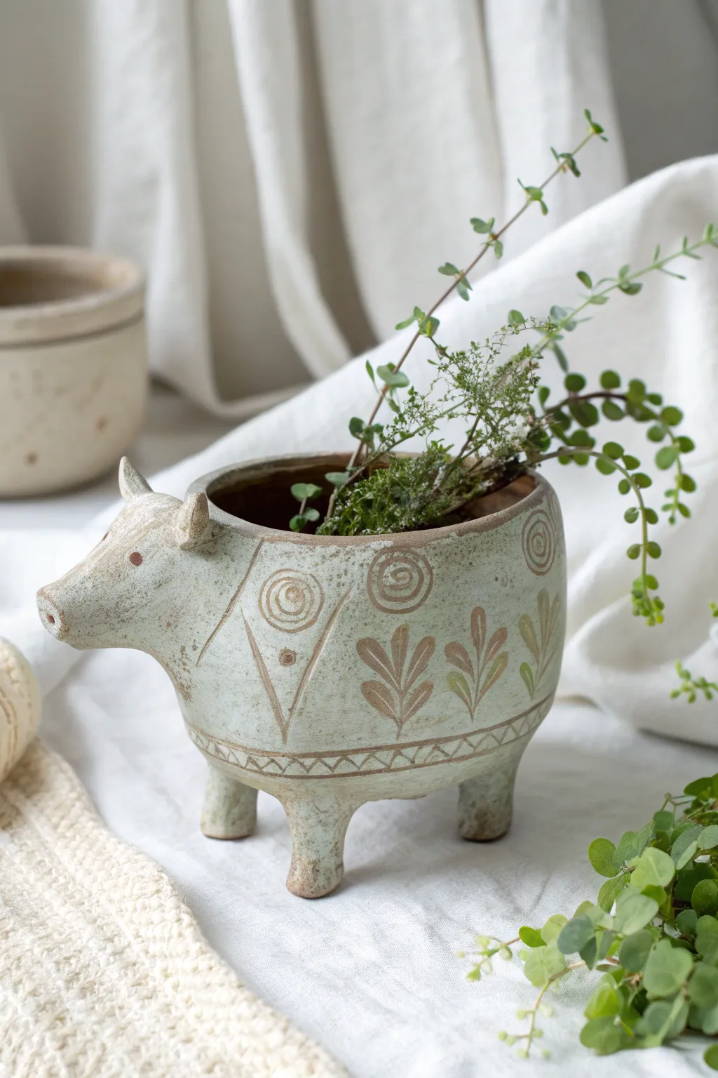 Embrace rustic charm with this handcrafted cow pot, perfect for adding a touch of farmhouse elegance to your decor.