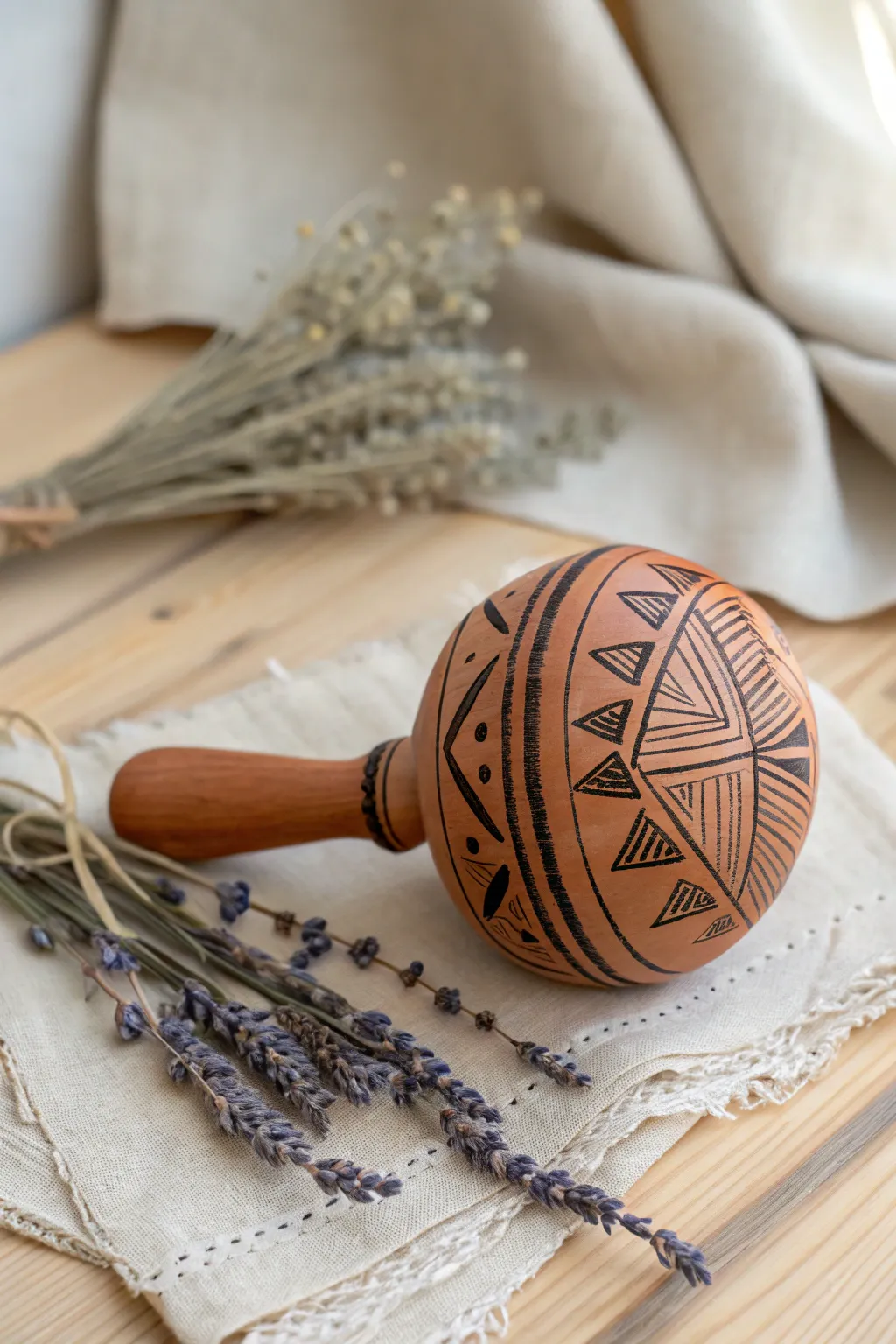 Discover the beauty of cultural artistry with this Aztec-inspired pinch pot rattle, where bold design meets minimalist elegance.
