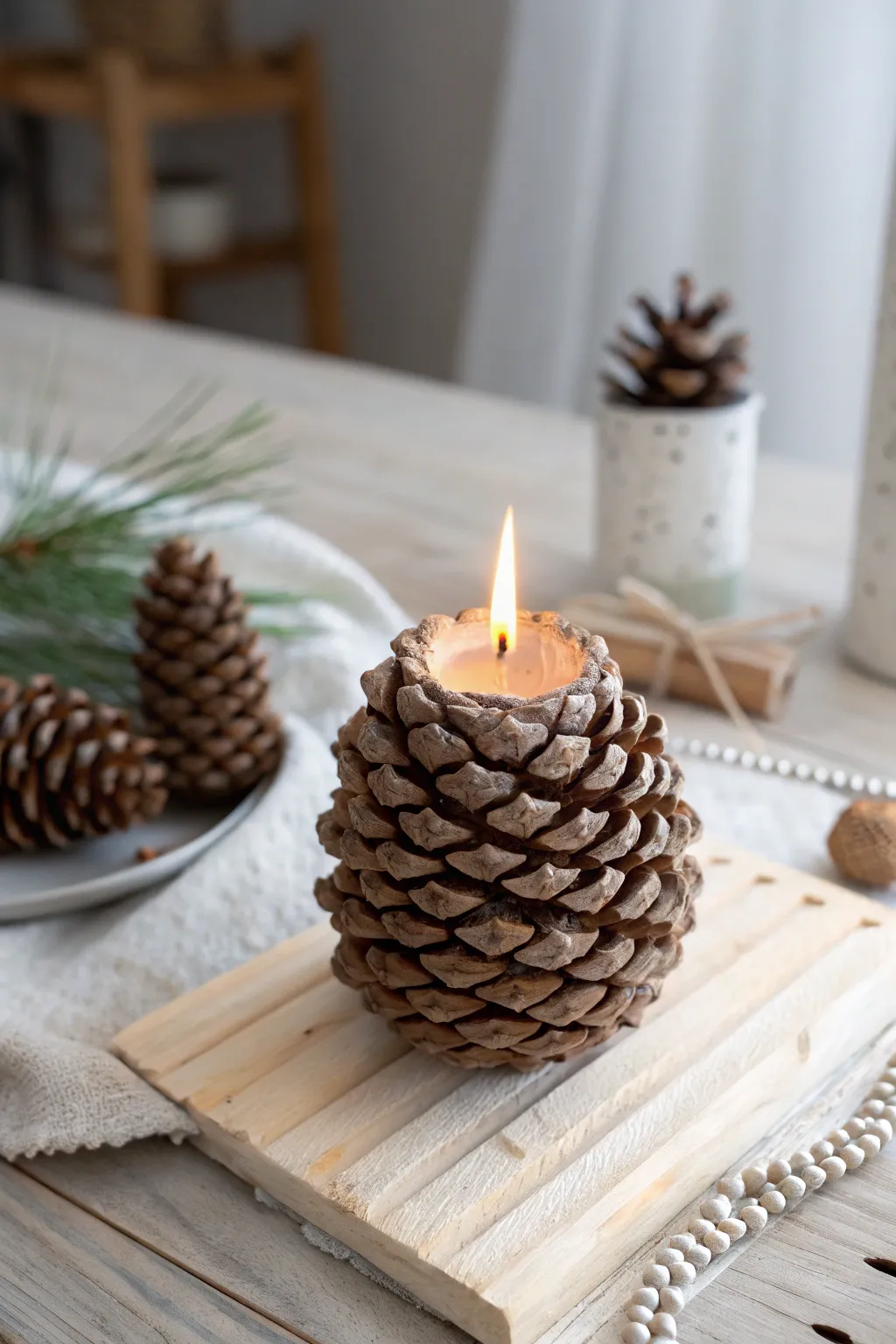 Elevate your dining experience with the natural elegance of a handcrafted pine cone candle holder.