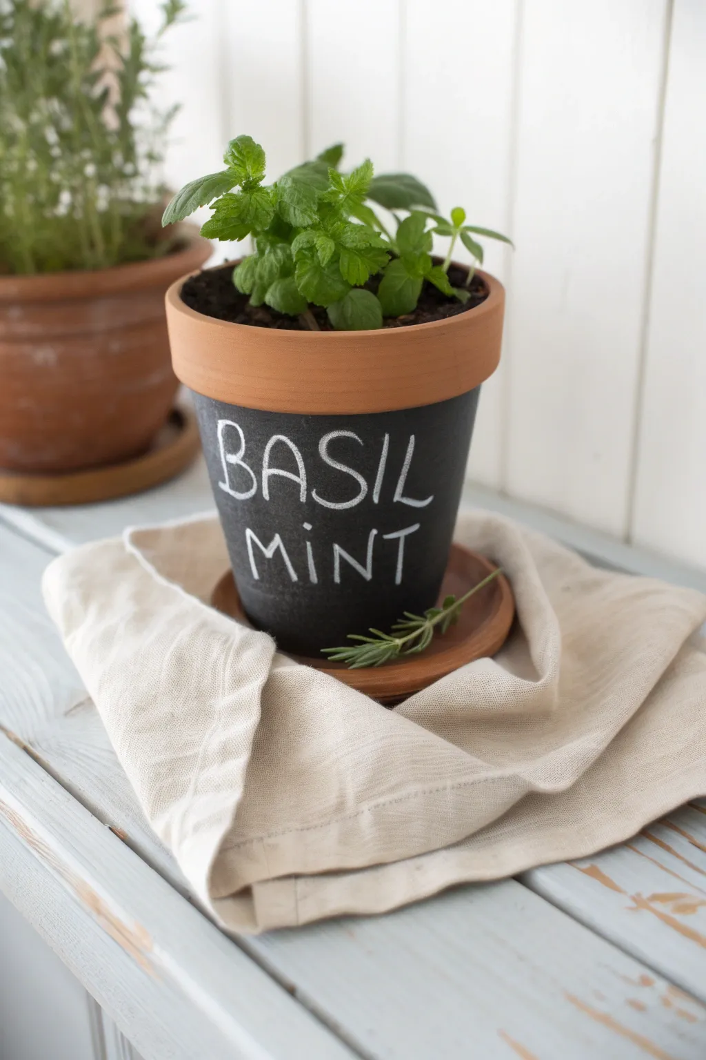 Transform your kitchen with chic chalkboard herb pots – simplicity meets style.