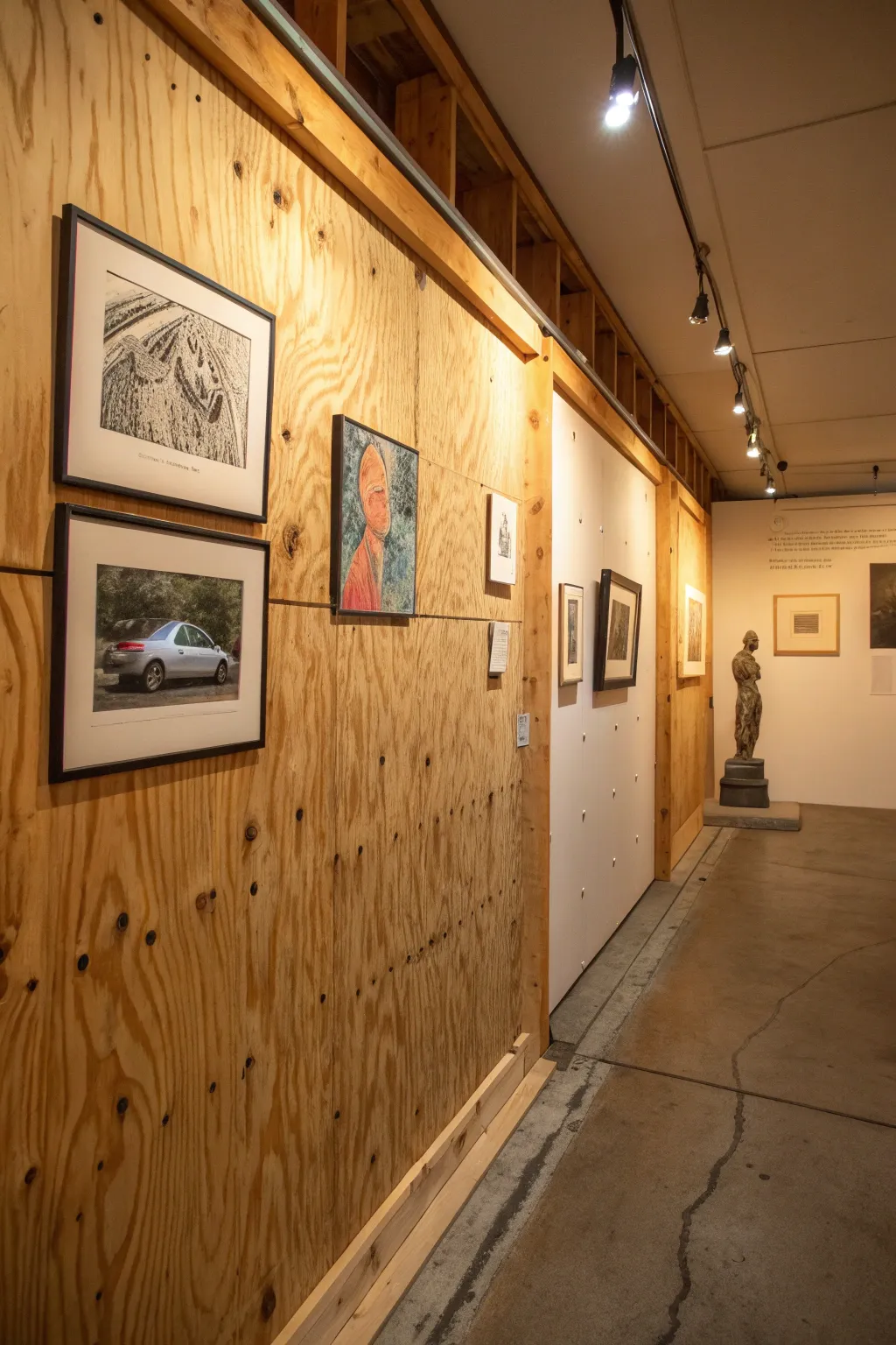 Transform your garage into an artful sanctuary with the rich textures and warmth of a plywood gallery wall.
