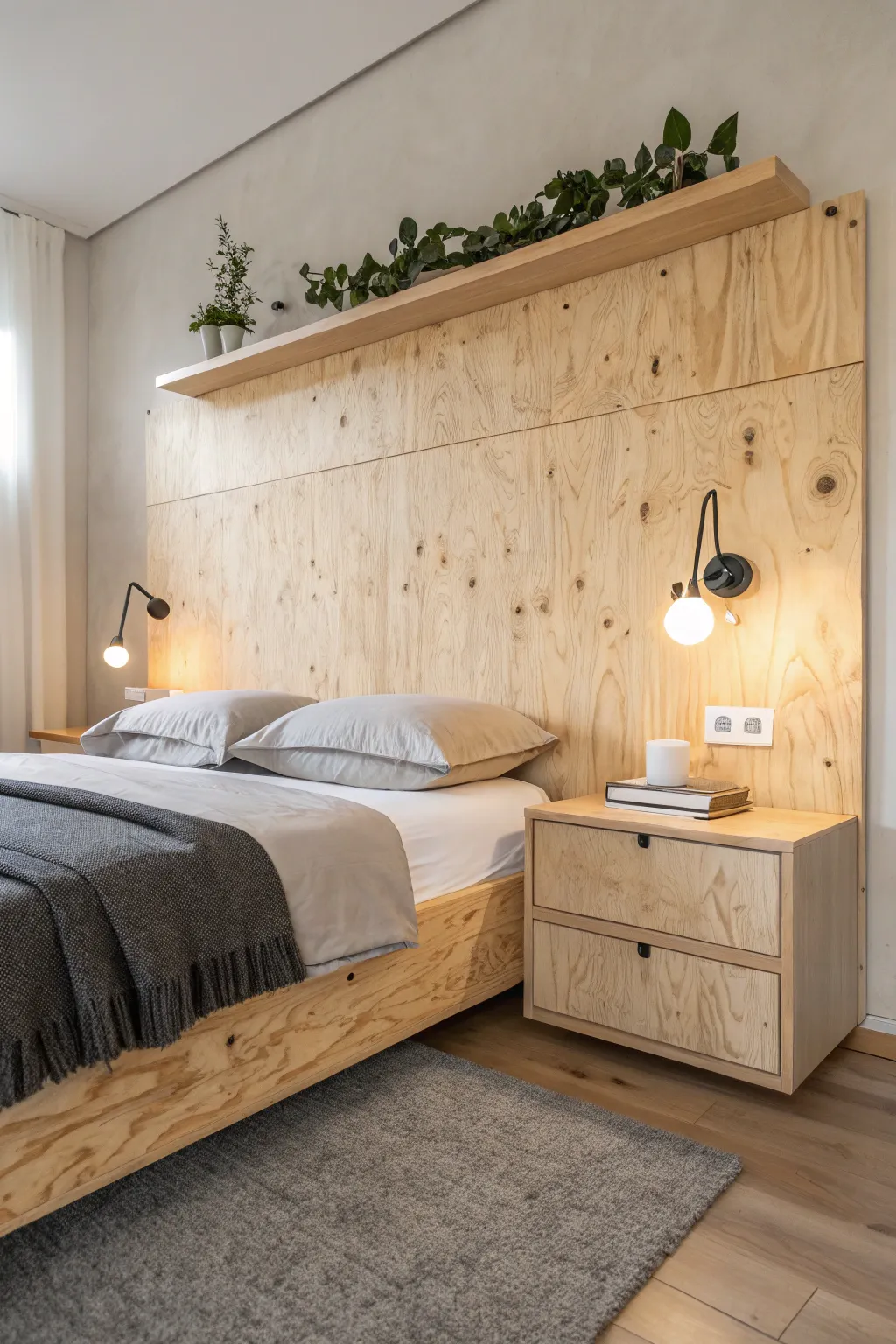 Elevate your bedroom's aesthetic with a stunning plywood headboard and space-saving floating nightstands for a chic, clutter-free sanctuary.