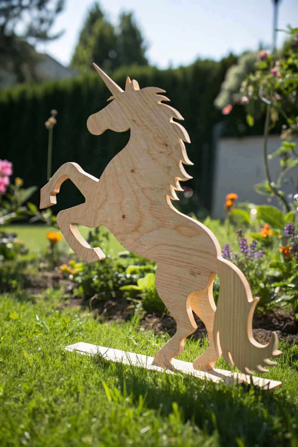 Bring magic to your garden with this stunning plywood unicorn silhouette, a masterpiece of craftsmanship.