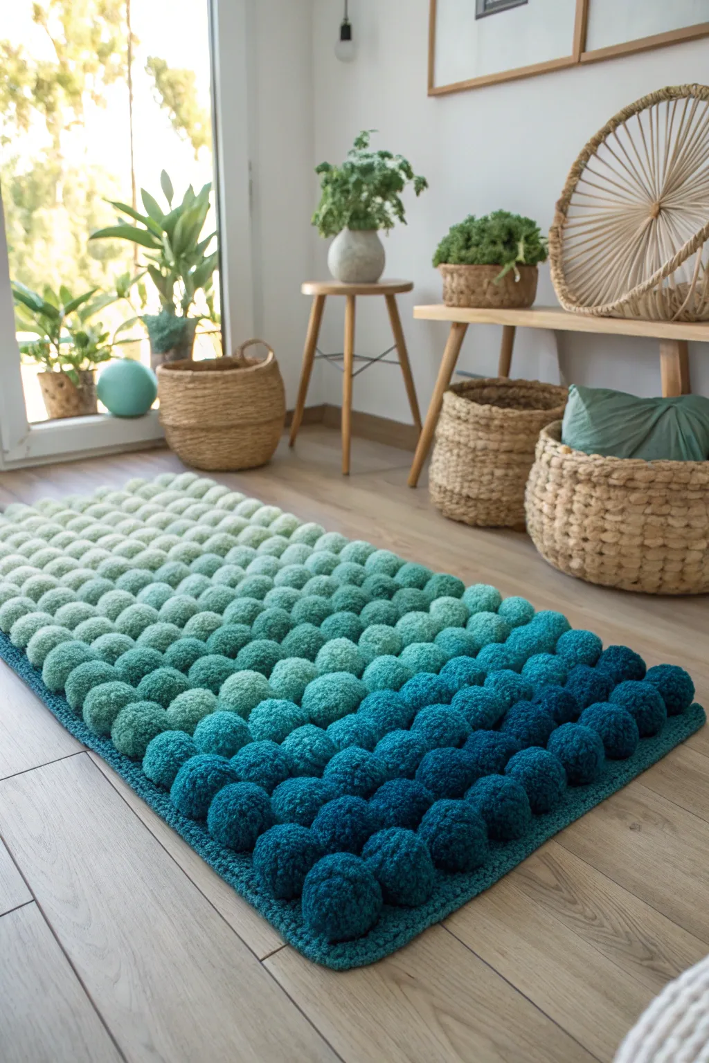 Elevate your space with a coastal-inspired pom pom rug, blending blues and greens for a serene gradient effect.