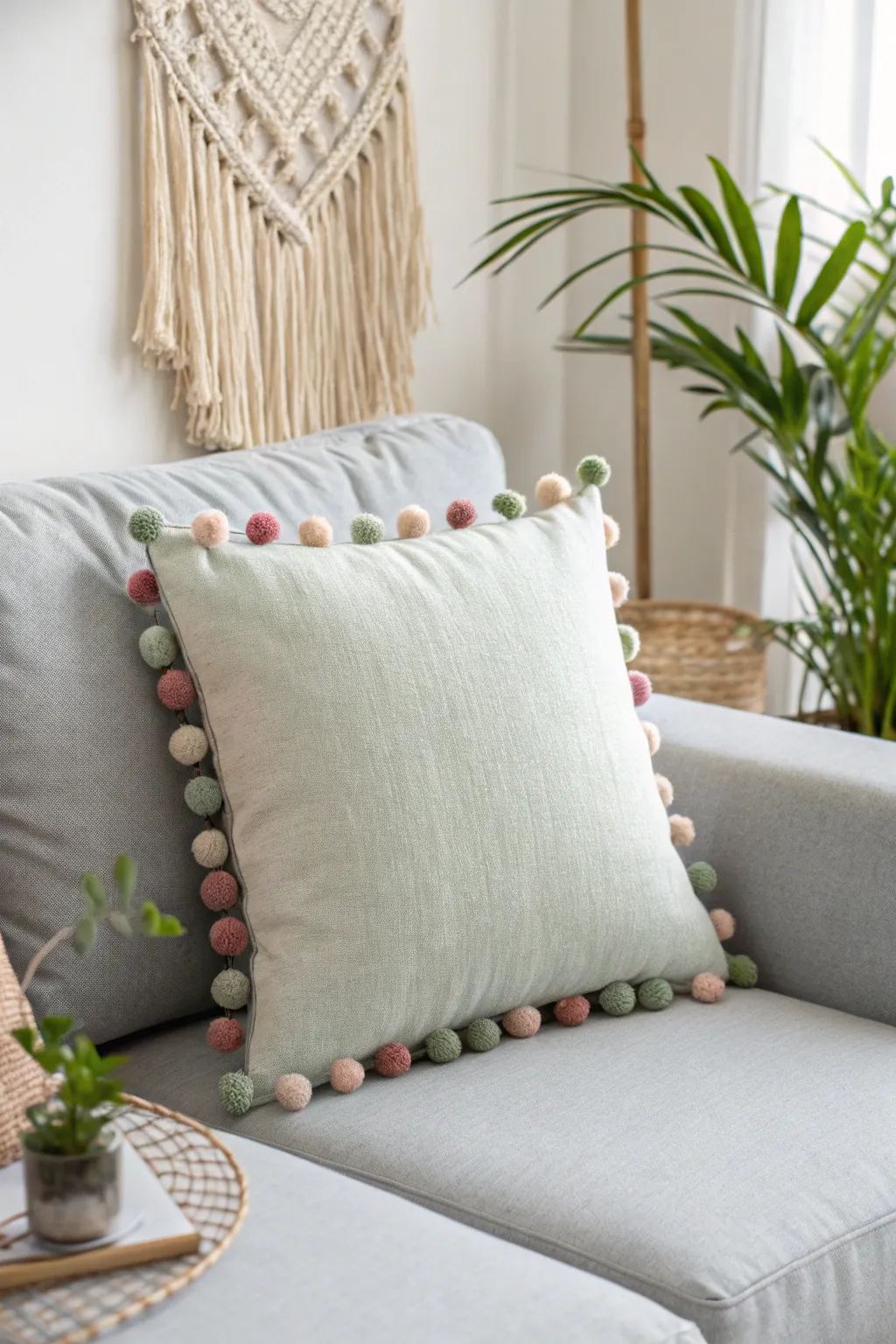 Add a touch of whimsy and warmth to your space with a beautifully crafted pom pom pillow.