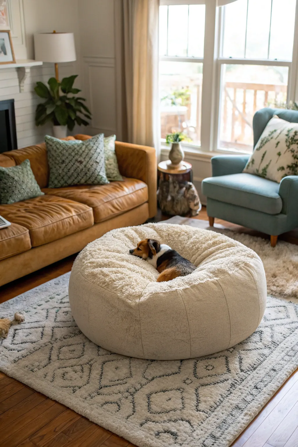 A poof serves as a chic lounging spot for pets.