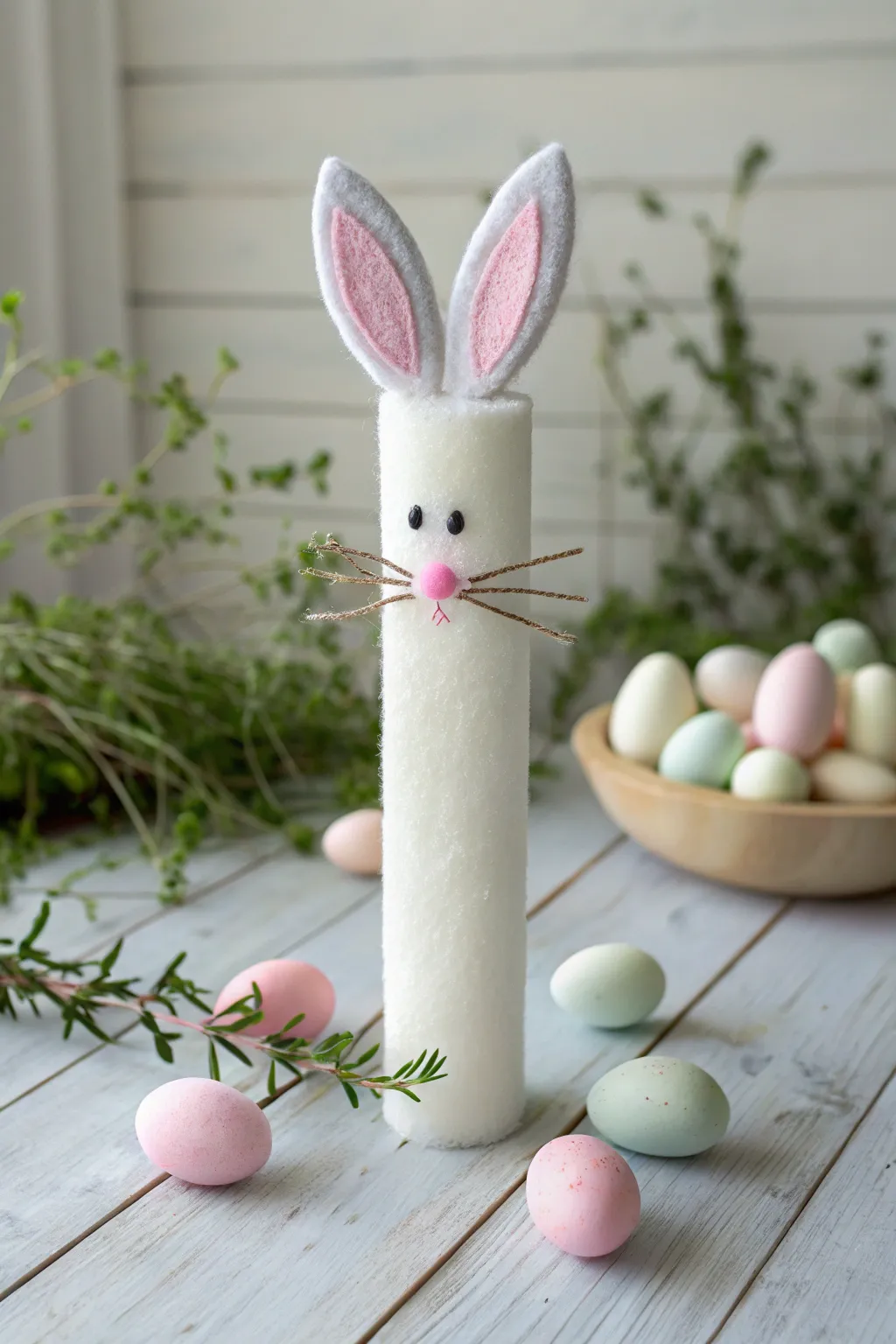 Charming Easter Bunny crafted from a pool noodle, bringing minimalist elegance to your spring decor.
