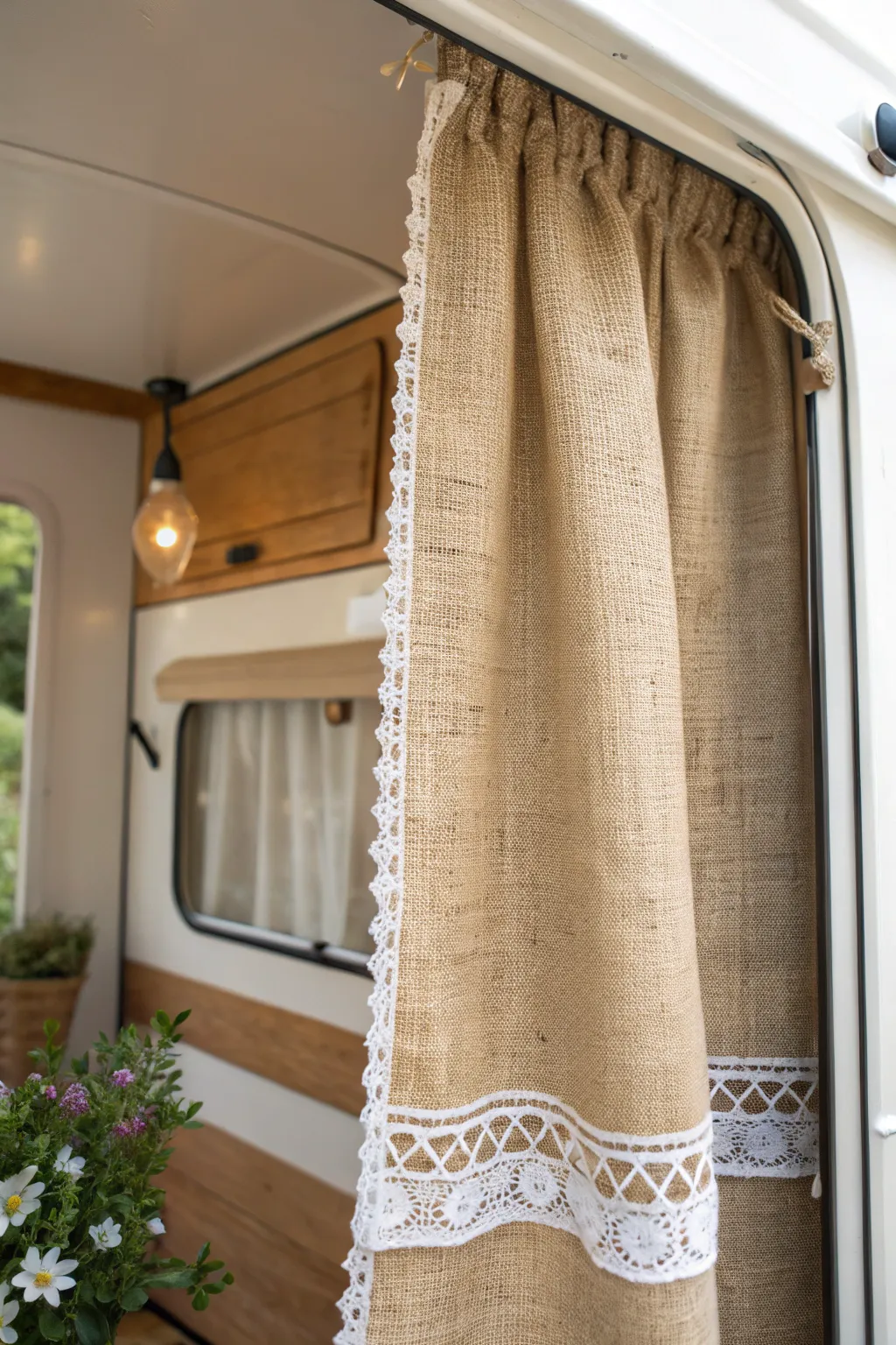 Add rustic elegance to your camper with burlap curtains adorned with lace trim.