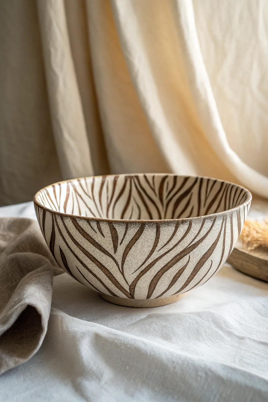 Embrace the wild elegance of nature with this zebra-striped pottery bowl, a perfect blend of minimalist design and bold craftsmanship.